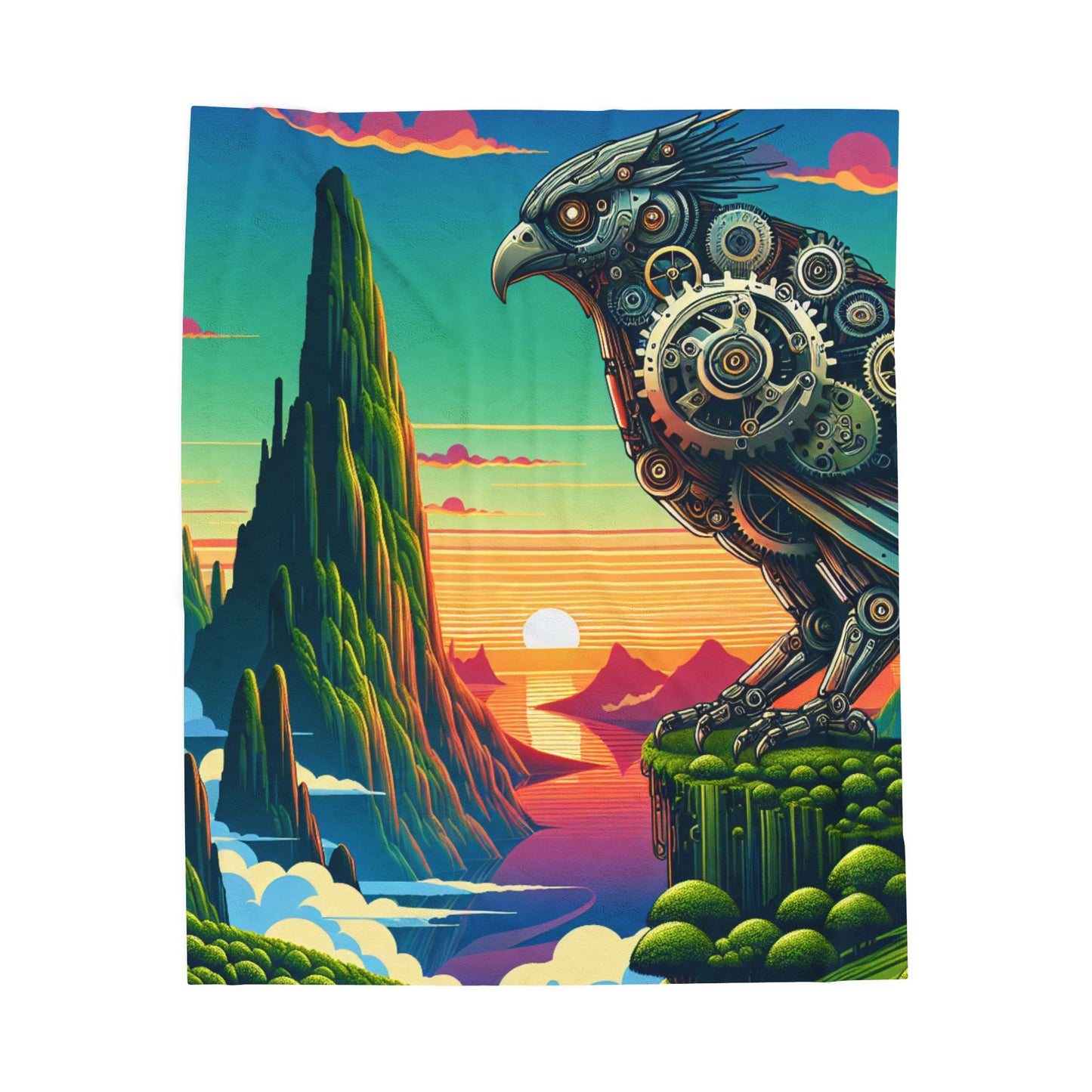 Mechanical Sentinel in a Fantasy Realm - Plush Blanket