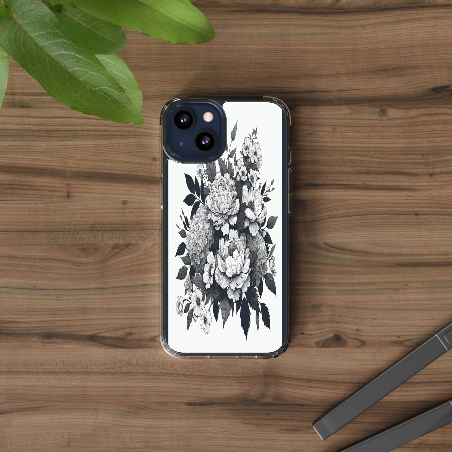 Transparent Floral Arrangement in Black and White Iphone Case Compatible With Iphone 16 15 14 - Clear Phone Cover