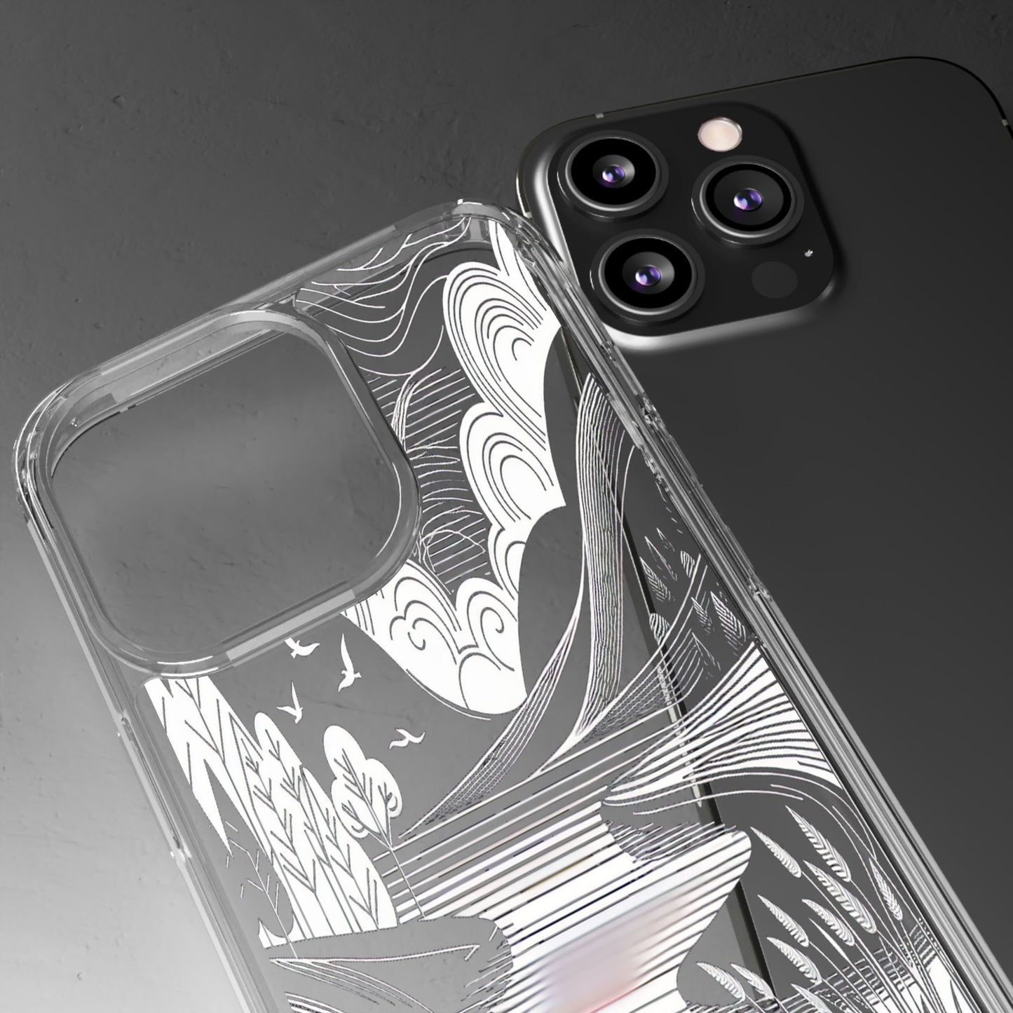 Transparent Black and White Landscape Illustration Iphone Case Compatible With Iphone 16 15 14 - Clear Phone Cover