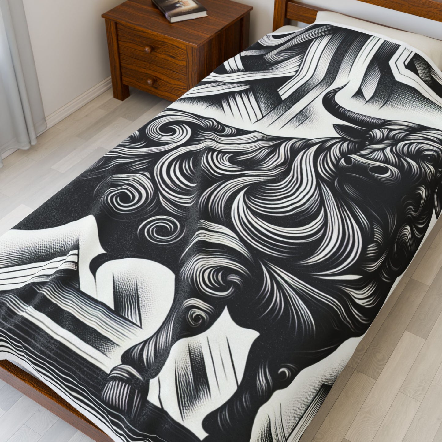 Majestic Bull in Monochrome Splendor - Plush Blanket