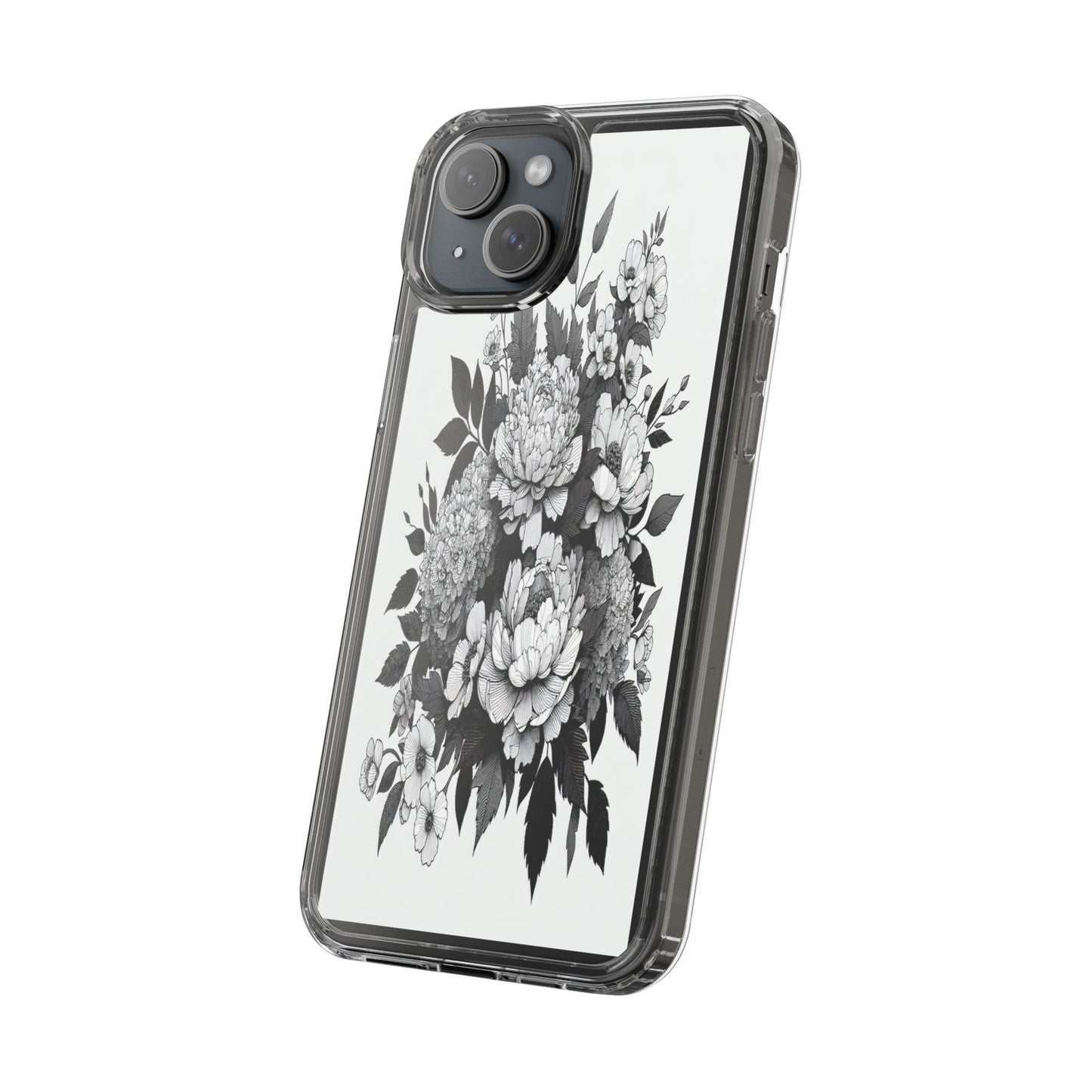 Transparent Floral Arrangement in Black and White Iphone Case Compatible With Iphone 16 15 14 - Clear Phone Cover