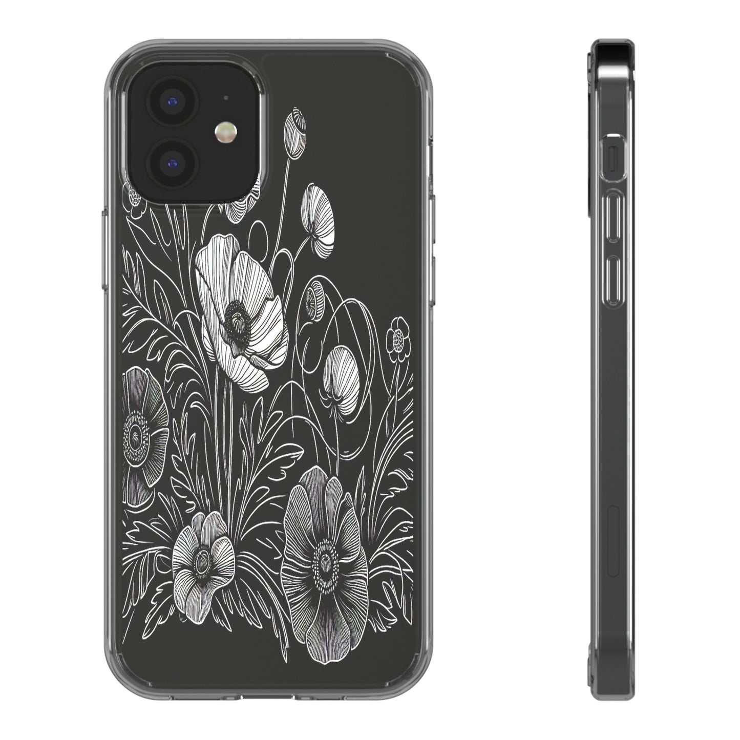 Transparent Black and White Floral Design Iphone Case Compatible With Iphone 16 15 14 - Clear Phone Cover