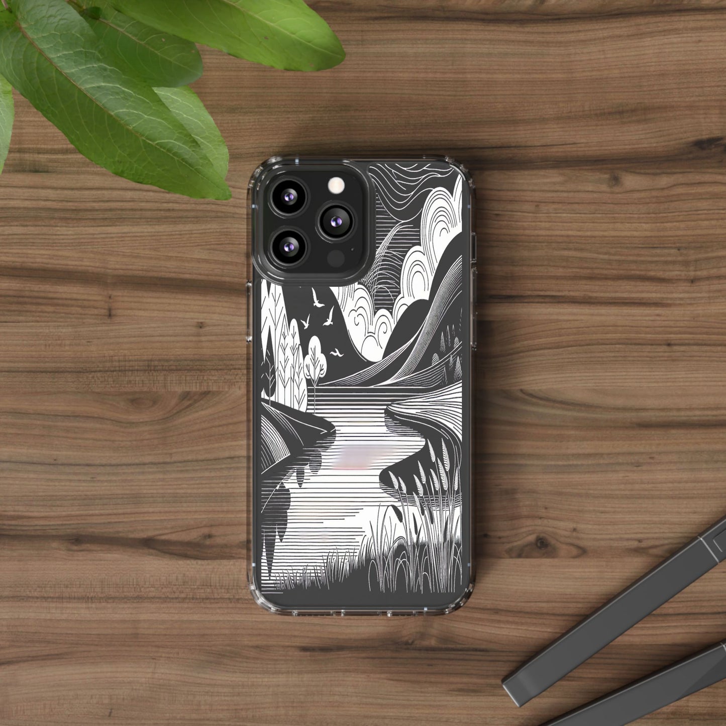 Transparent Black and White Landscape Illustration Iphone Case Compatible With Iphone 16 15 14 - Clear Phone Cover