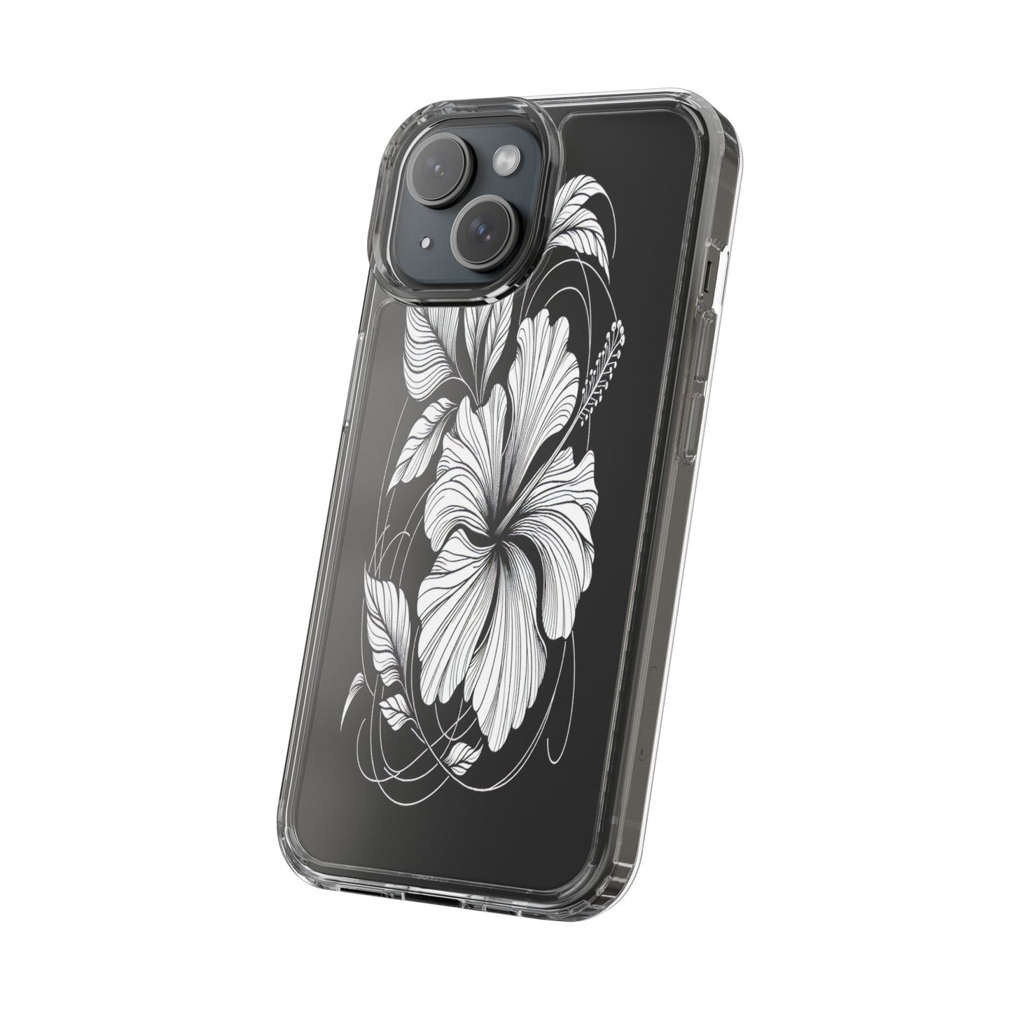 Transparent Hibiscus Design in Black and White Iphone Case Compatible With Iphone 16 15 14 - Clear Phone Cover