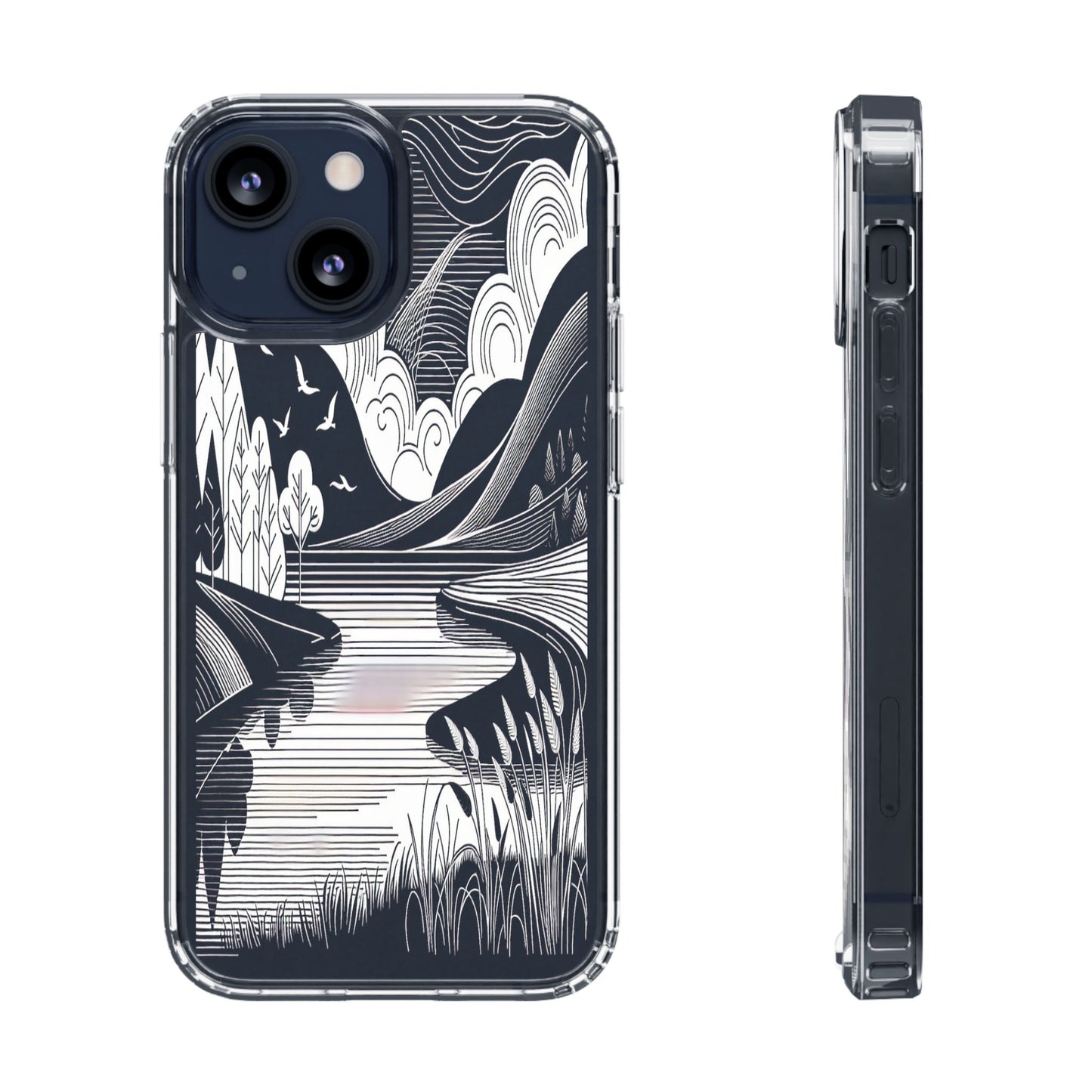 Transparent Black and White Landscape Illustration Iphone Case Compatible With Iphone 16 15 14 - Clear Phone Cover
