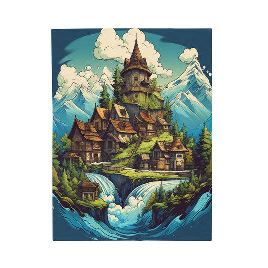 Enchanted Mountain Village Fantasy- Plush Blanket