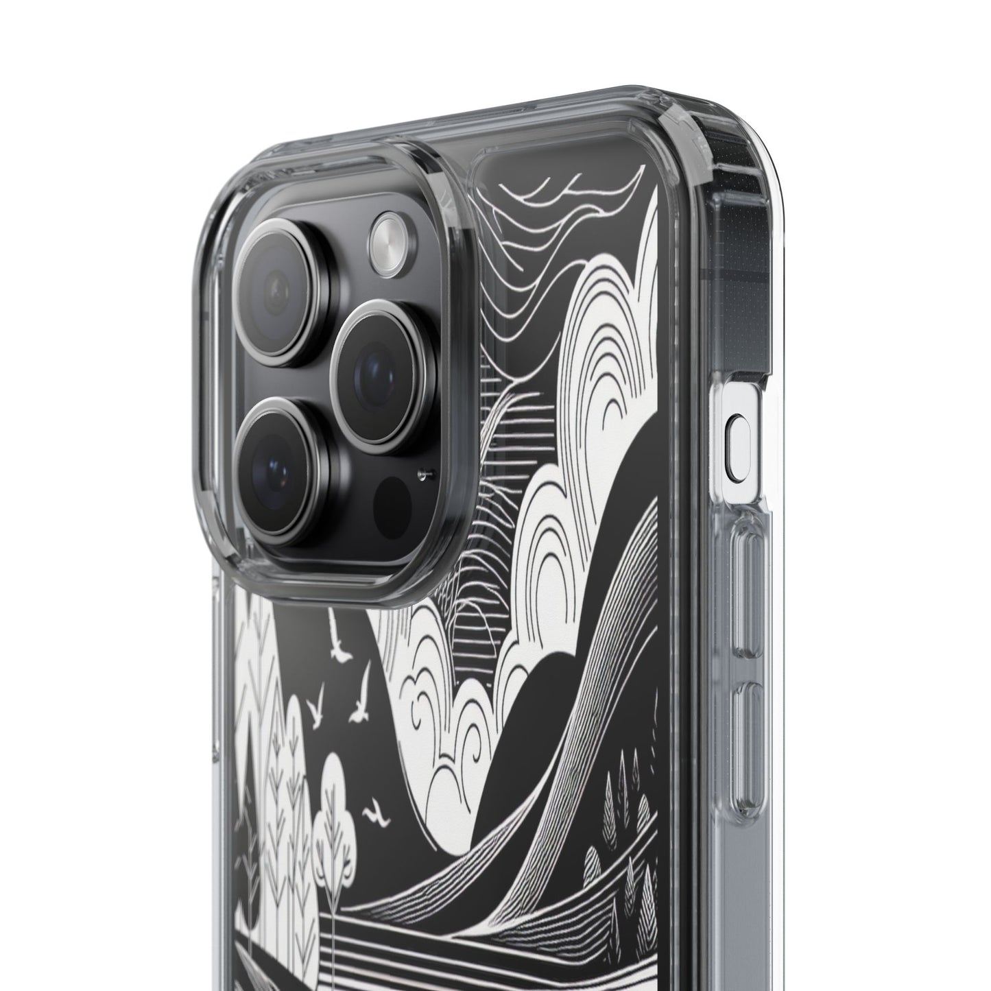 Transparent Black and White Landscape Illustration Iphone Case Compatible With Iphone 16 15 14 - Clear Phone Cover