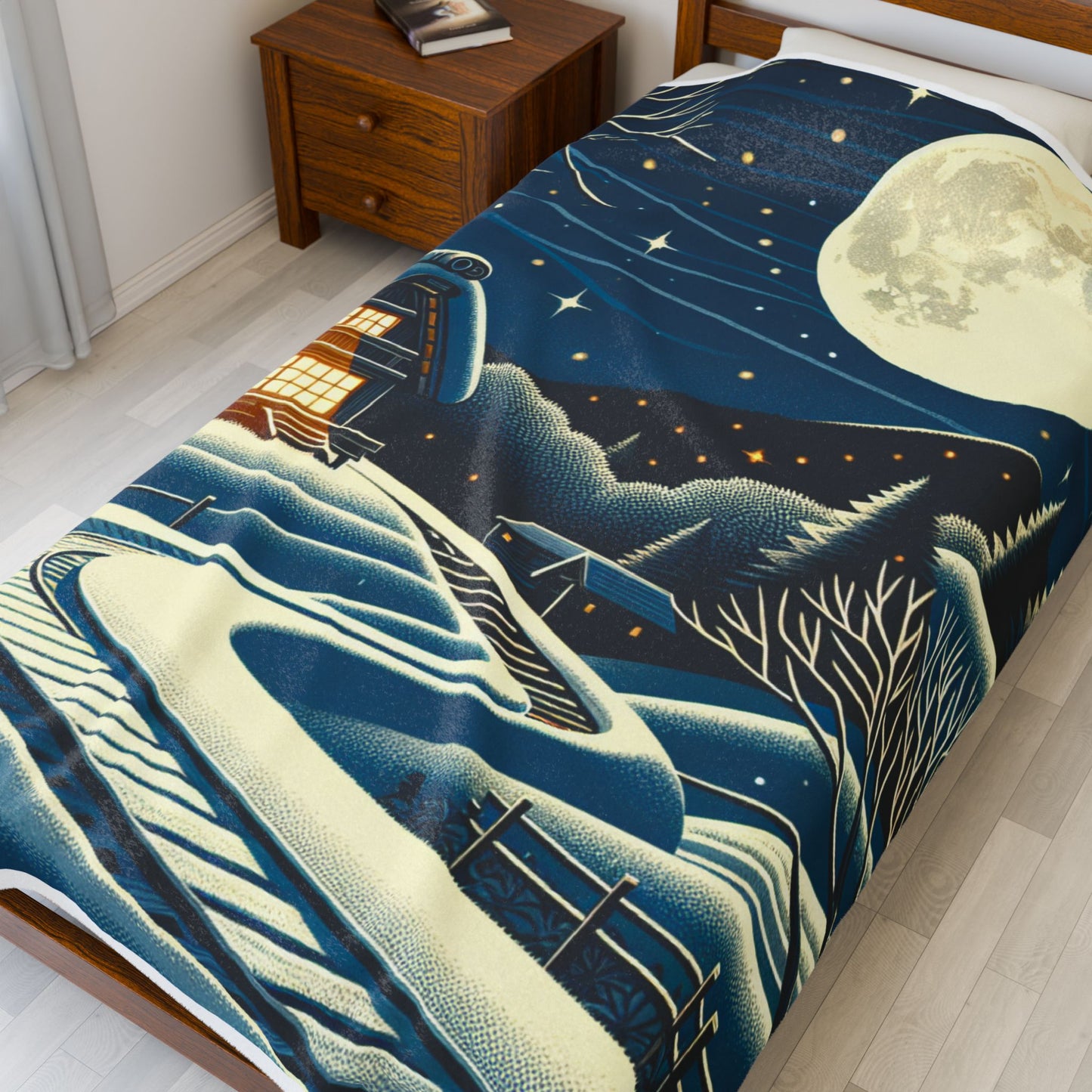 Moonlit Cabin in Winter Wonderland - Plush Blanket