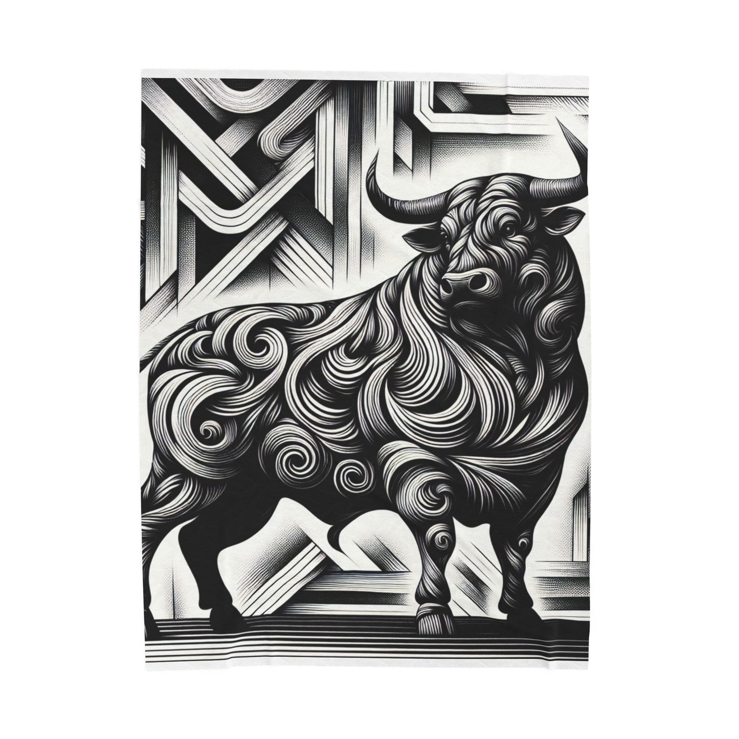 Majestic Bull in Monochrome Splendor - Plush Blanket