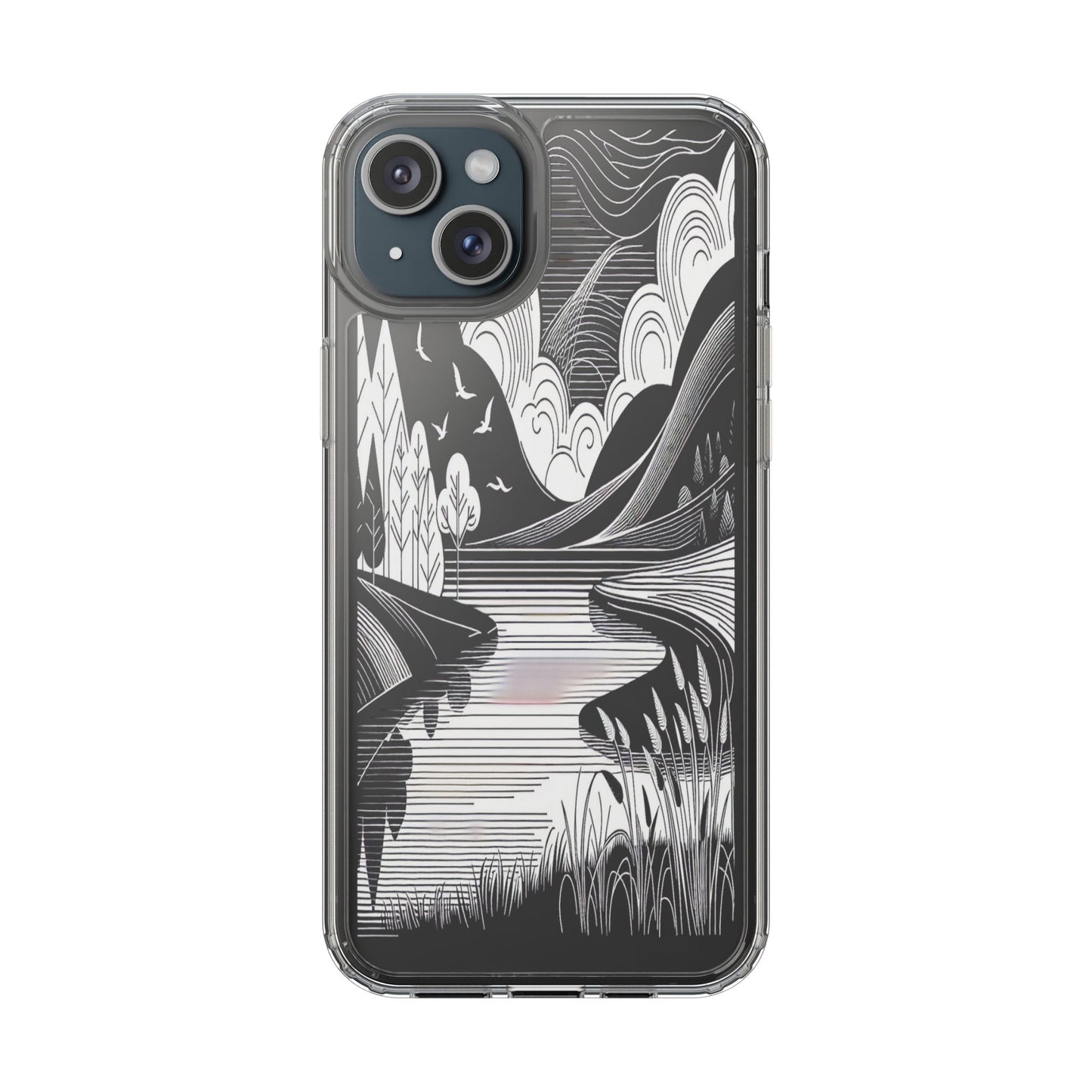 Transparent Black and White Landscape Illustration Iphone Case Compatible With Iphone 16 15 14 - Clear Phone Cover