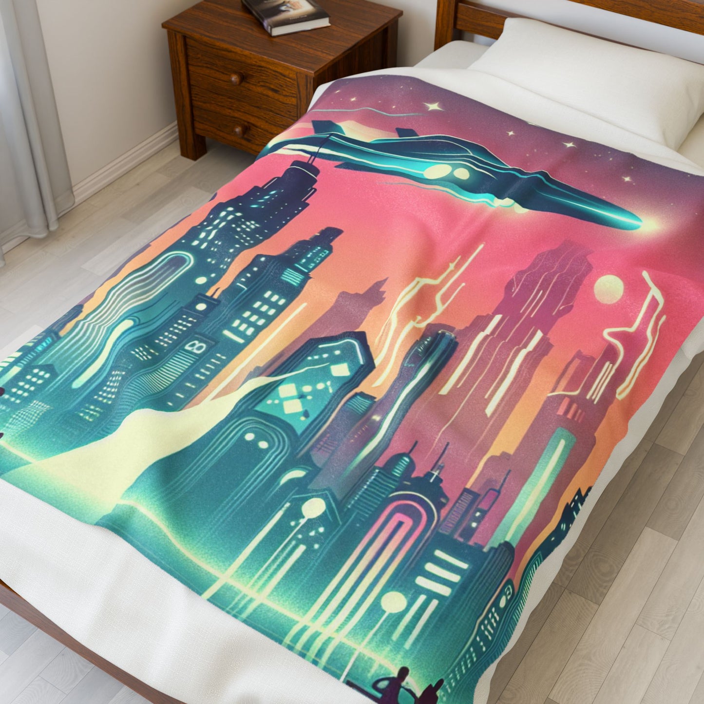 Futuristic Skyline Scene - Plush Blanket