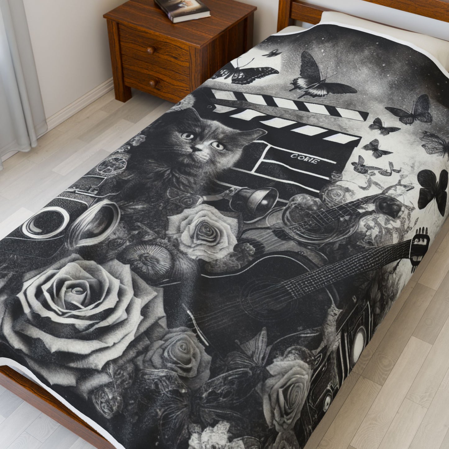 Feline Fantasy and Fluttering Moments - Plush Blanket