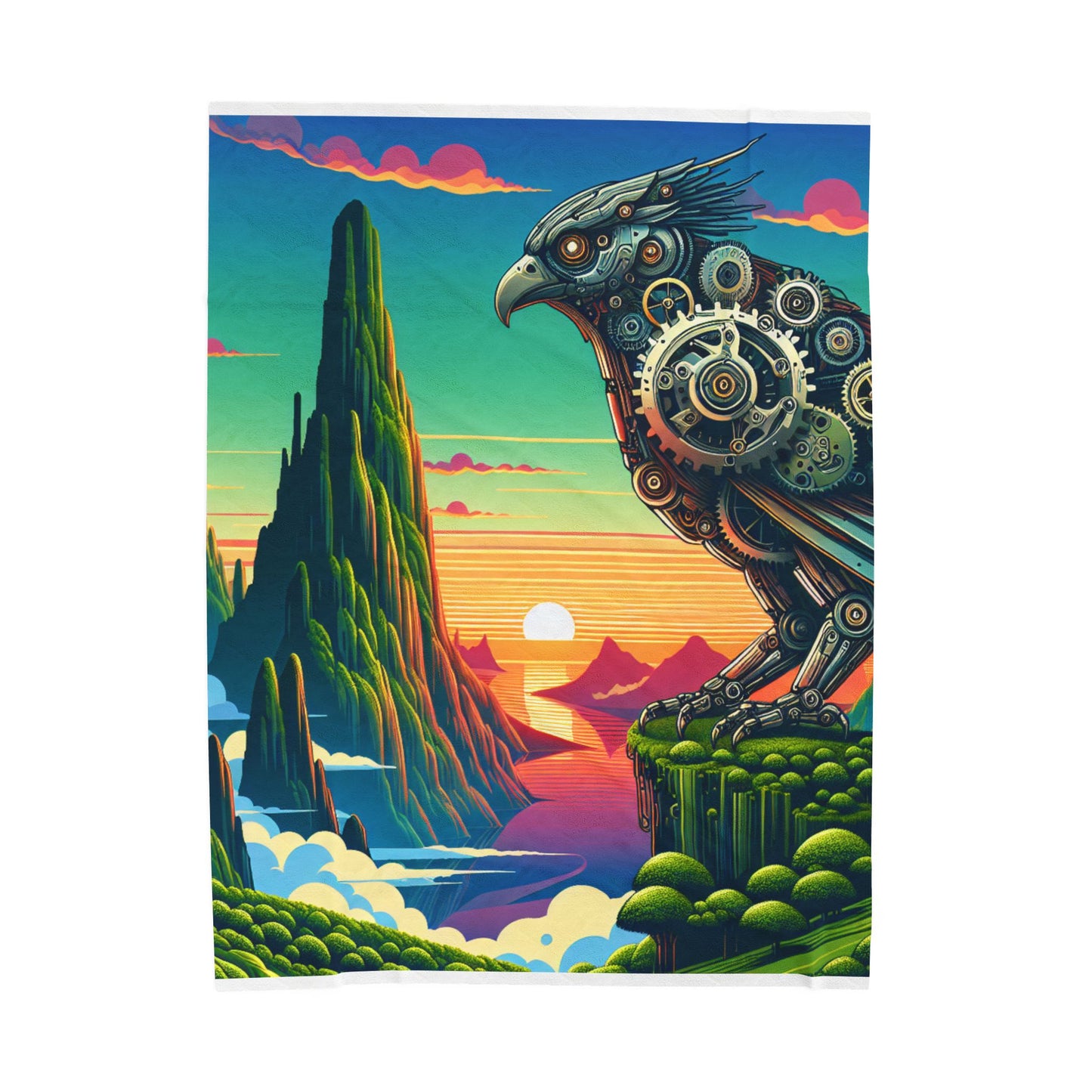 Mechanical Sentinel in a Fantasy Realm - Plush Blanket