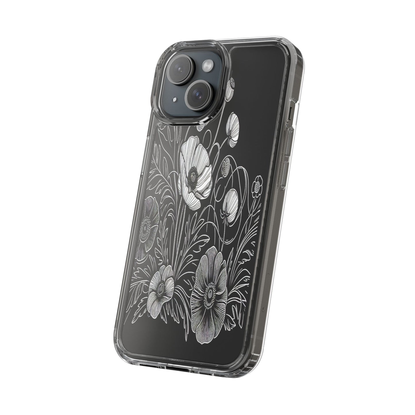 Transparent Black and White Floral Design Iphone Case Compatible With Iphone 16 15 14 - Clear Phone Cover