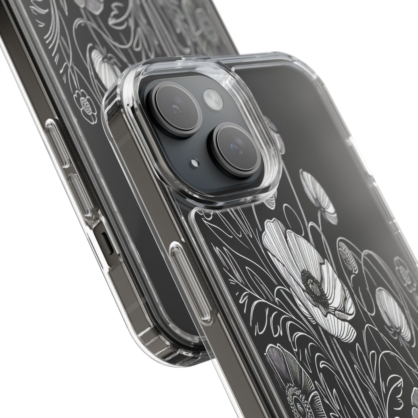 Transparent Black and White Floral Design Iphone Case Compatible With Iphone 16 15 14 - Clear Phone Cover