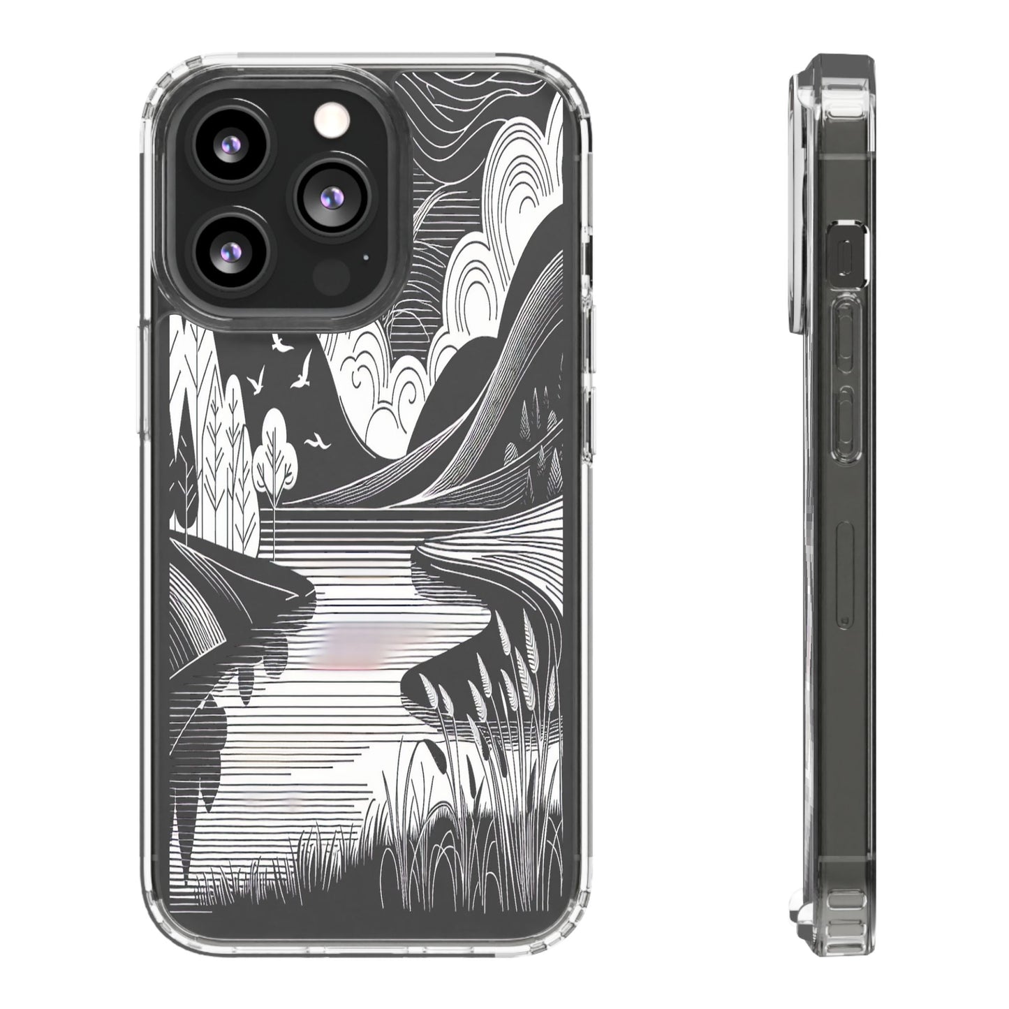 Transparent Black and White Landscape Illustration Iphone Case Compatible With Iphone 16 15 14 - Clear Phone Cover