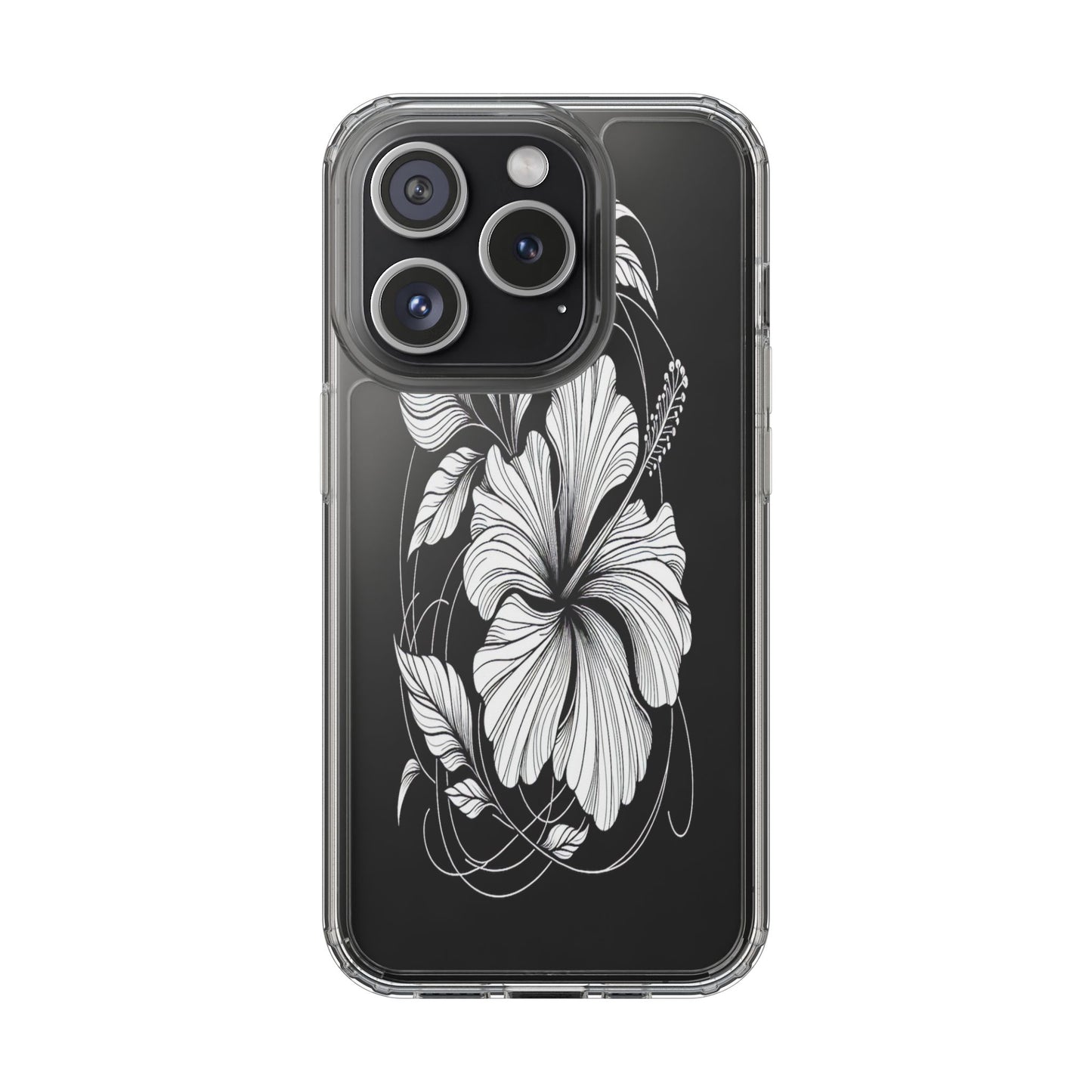 Transparent Hibiscus Design in Black and White Iphone Case Compatible With Iphone 16 15 14 - Clear Phone Cover
