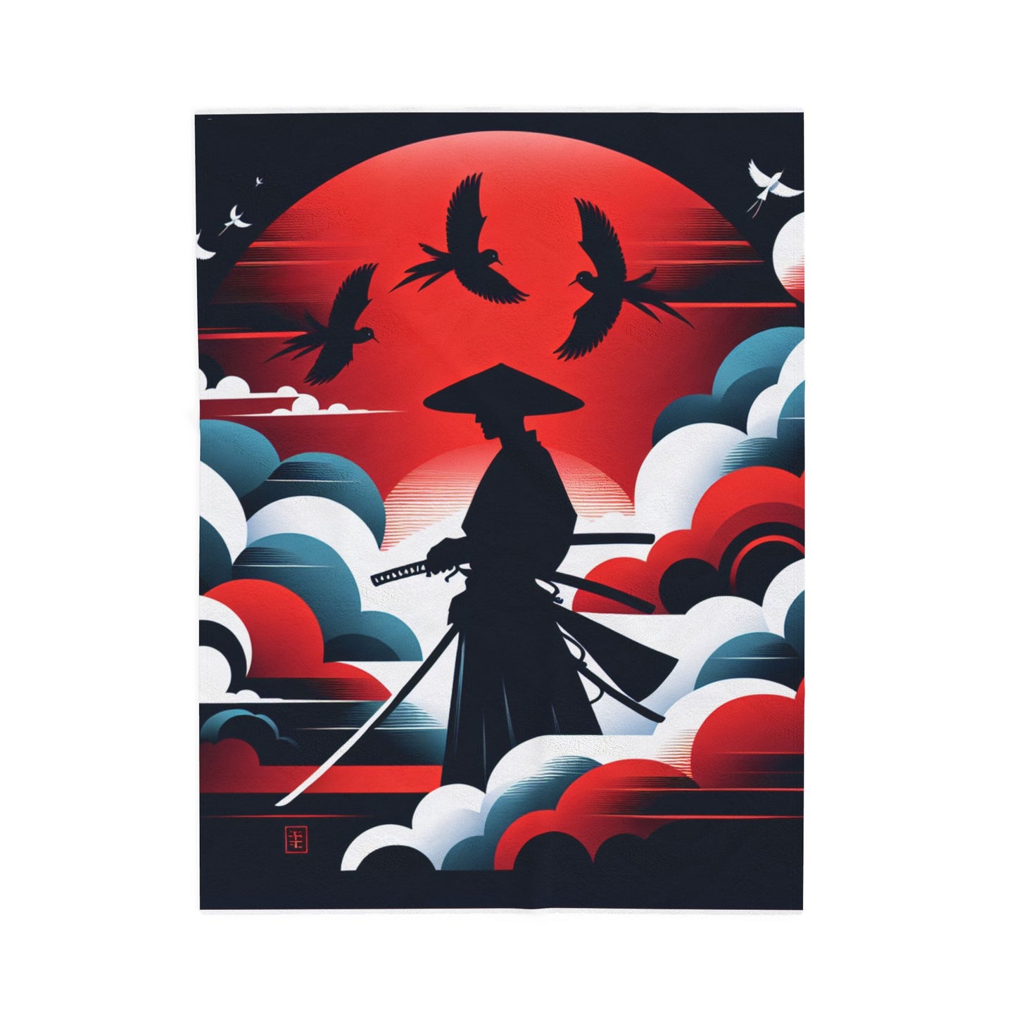 Samurai Under the Red Moon - Plush Blanket