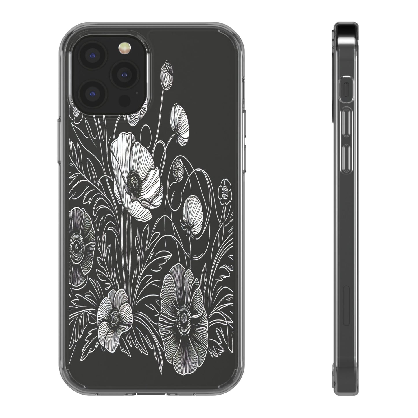 Transparent Black and White Floral Design Iphone Case Compatible With Iphone 16 15 14 - Clear Phone Cover