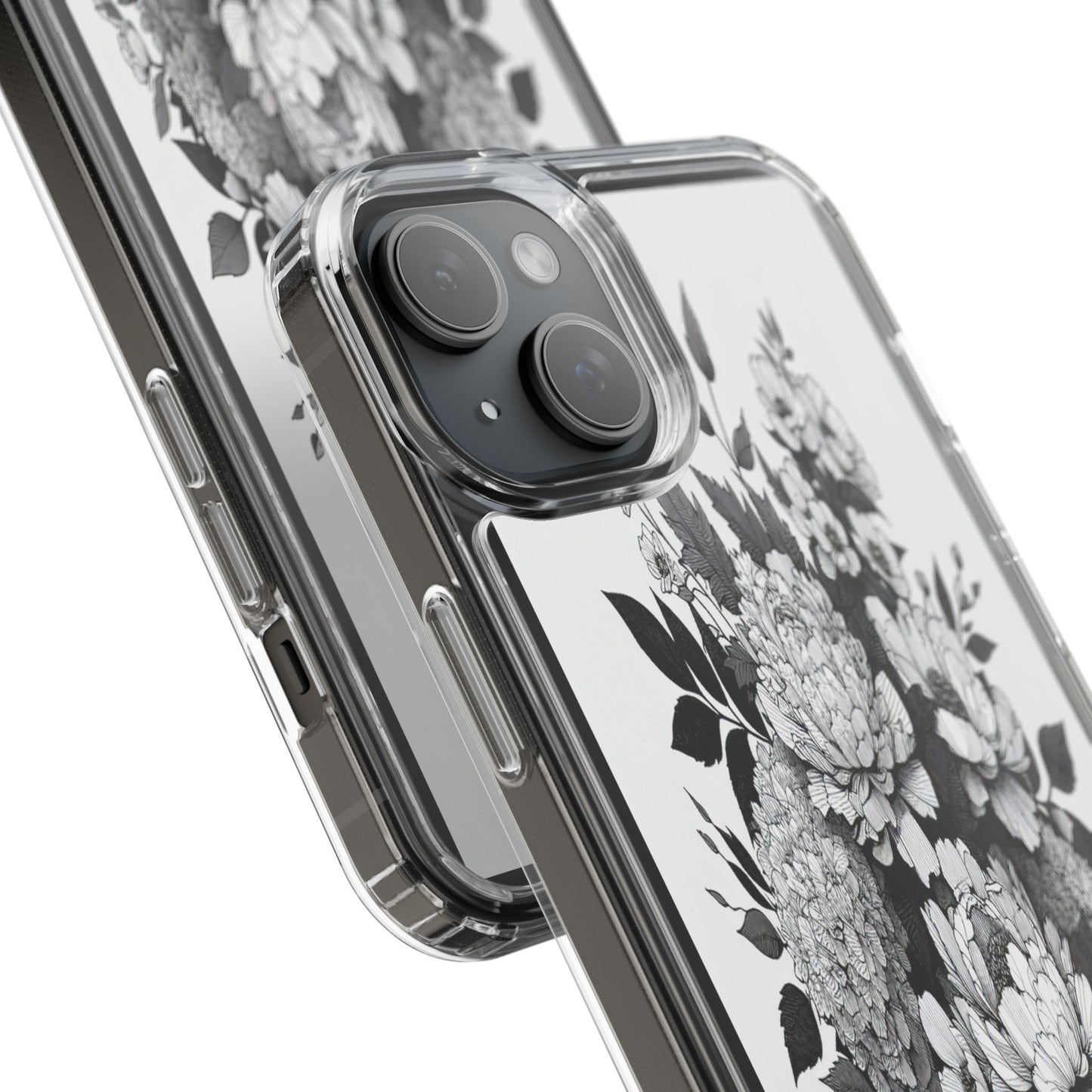 Transparent Floral Arrangement in Black and White Iphone Case Compatible With Iphone 16 15 14 - Clear Phone Cover