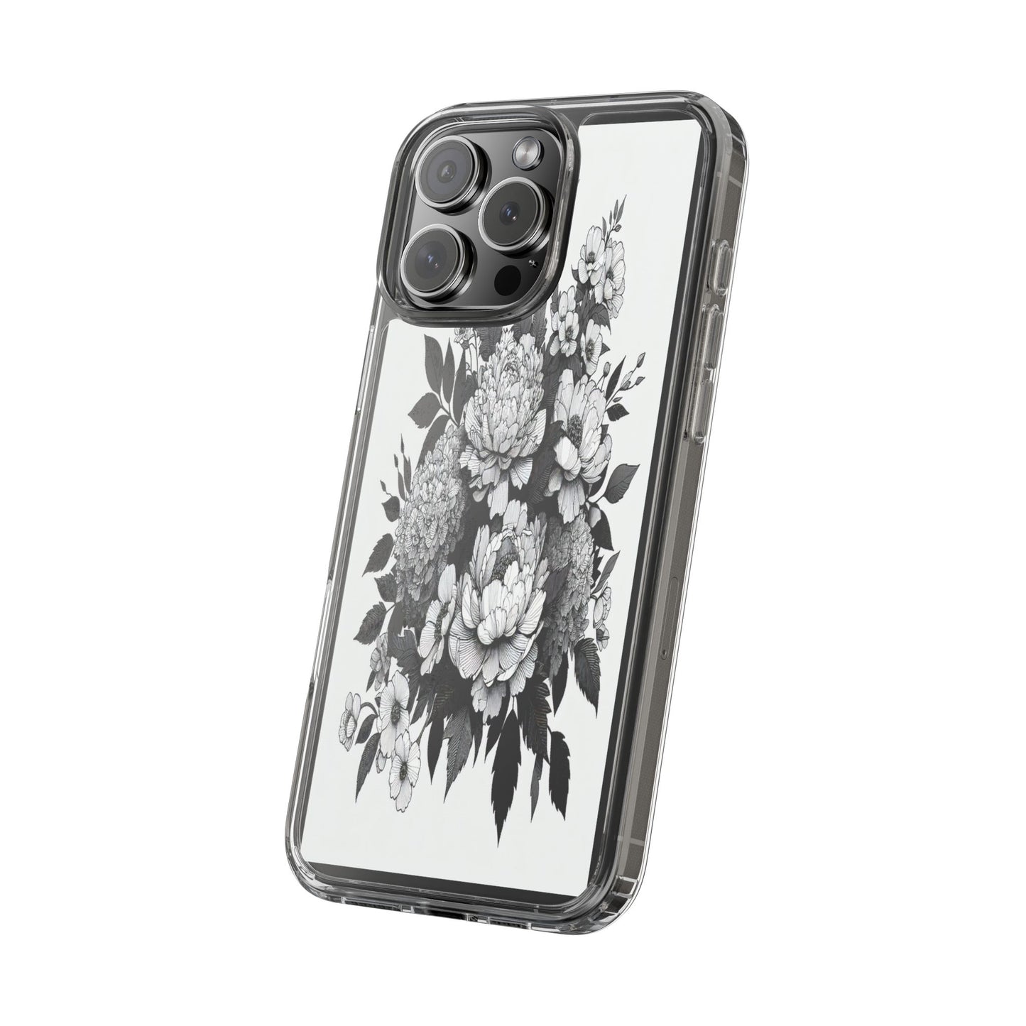 Transparent Floral Arrangement in Black and White Iphone Case Compatible With Iphone 16 15 14 - Clear Phone Cover