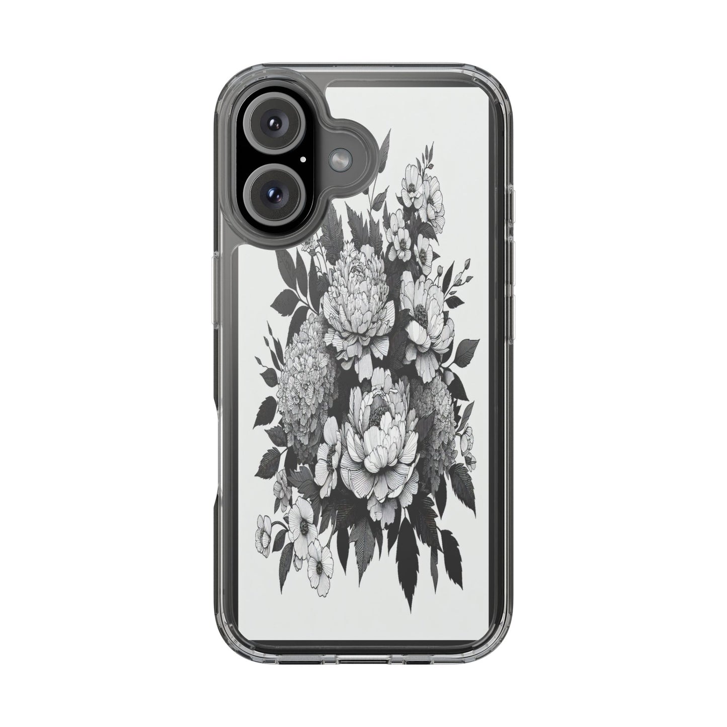 Transparent Floral Arrangement in Black and White Iphone Case Compatible With Iphone 16 15 14 - Clear Phone Cover