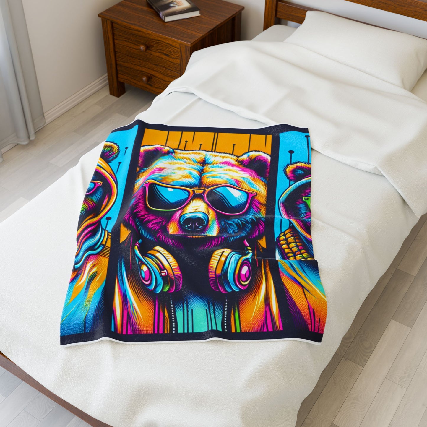 Bear Trio in Neon Attire - Plush Blanket