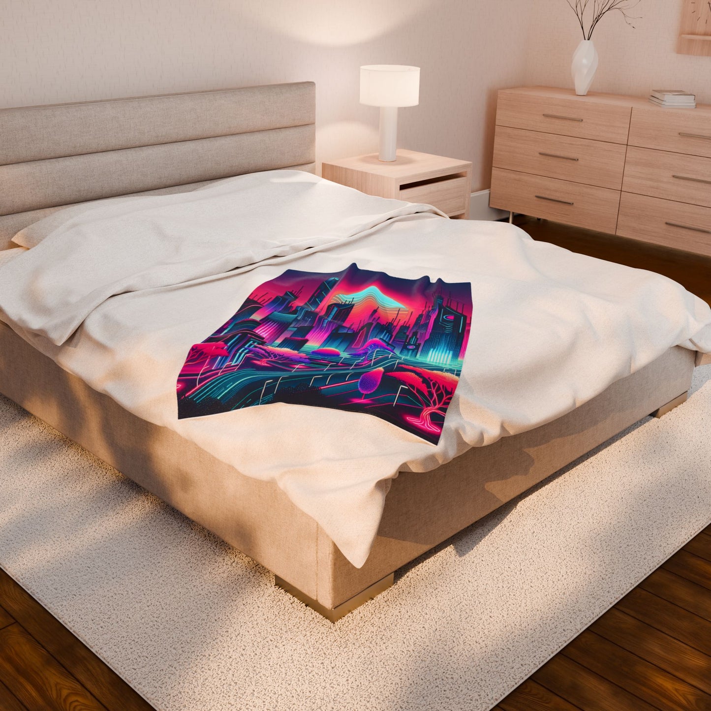 Futuristic Neon Metropolis - Plush Blanket