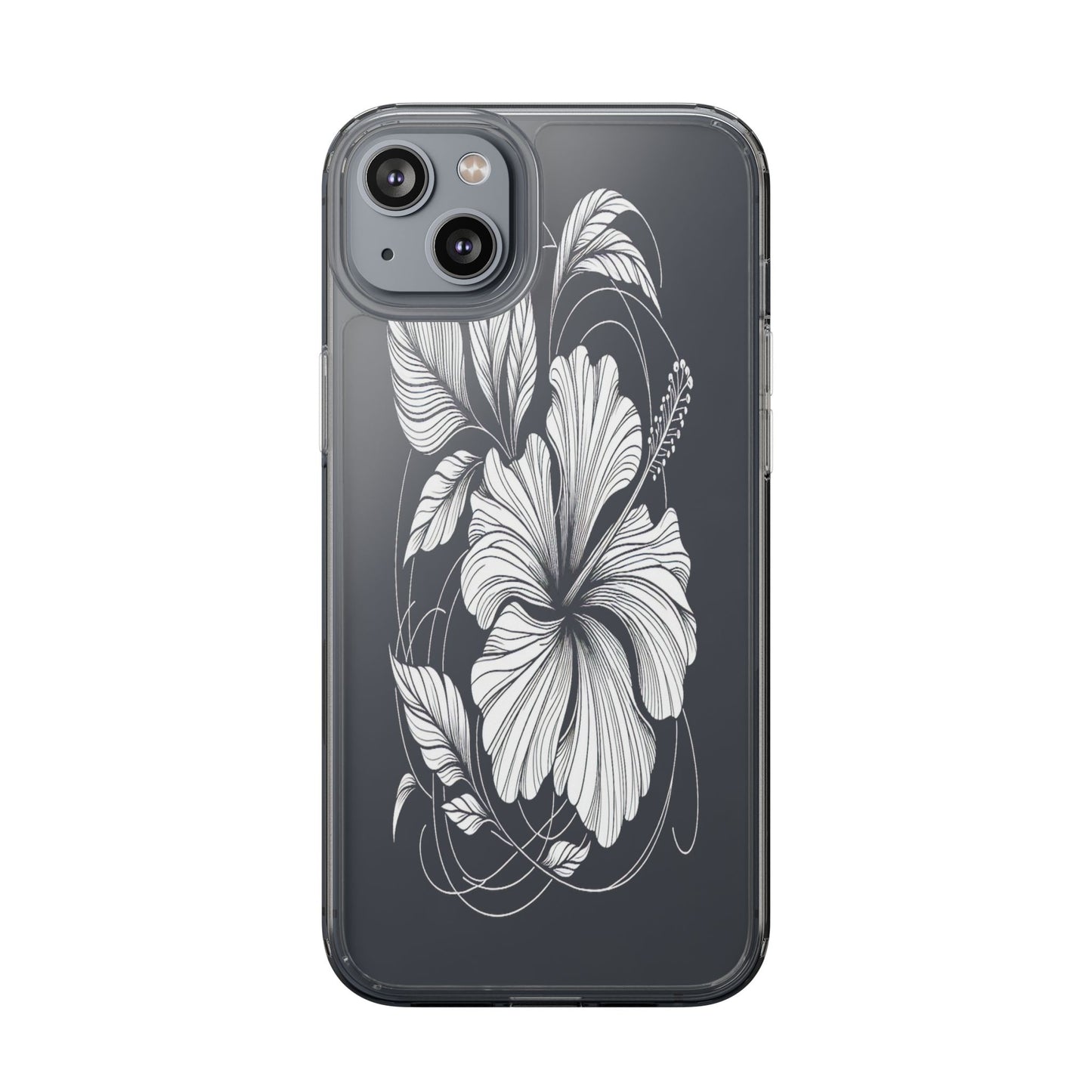 Transparent Hibiscus Design in Black and White Iphone Case Compatible With Iphone 16 15 14 - Clear Phone Cover