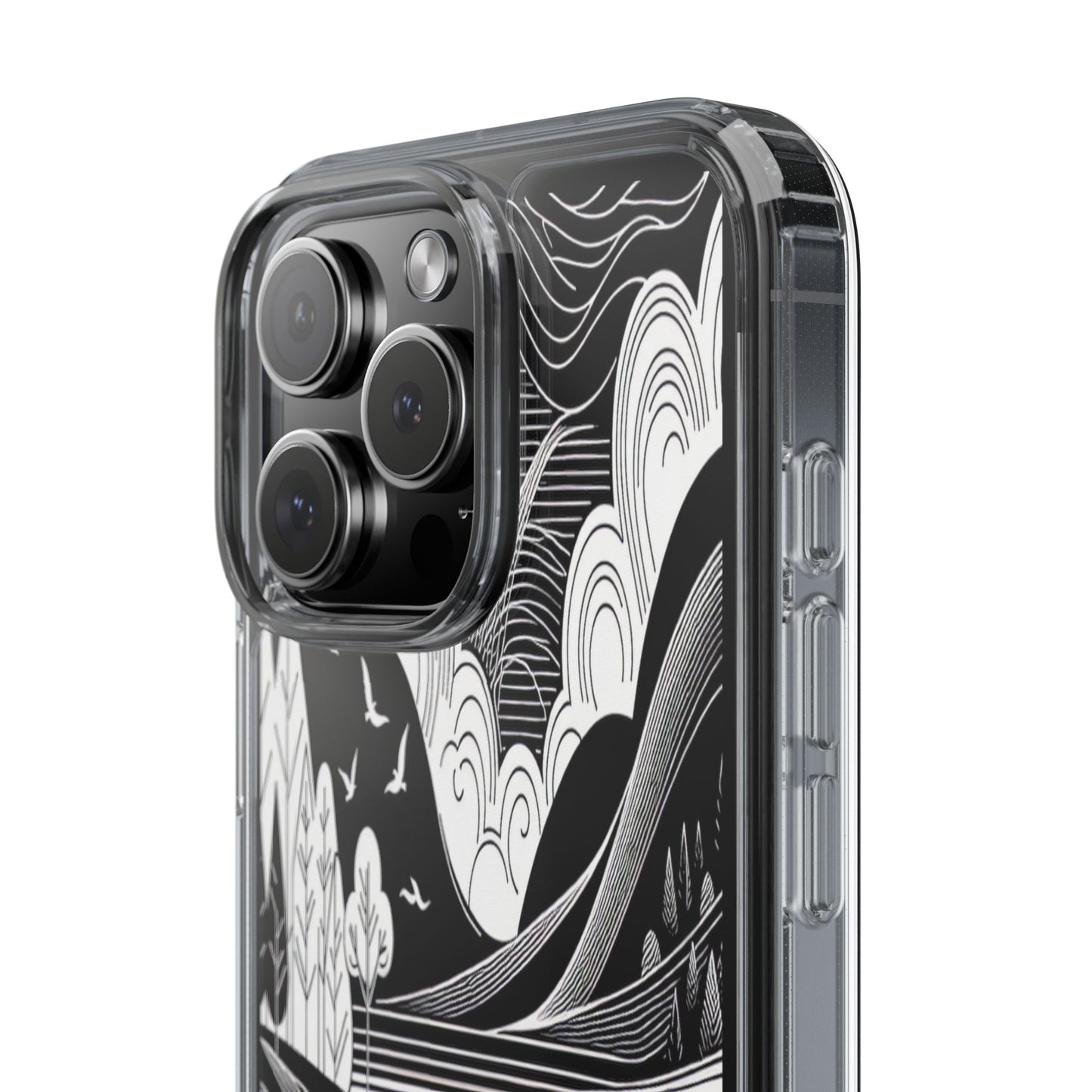 Transparent Black and White Landscape Illustration Iphone Case Compatible With Iphone 16 15 14 - Clear Phone Cover