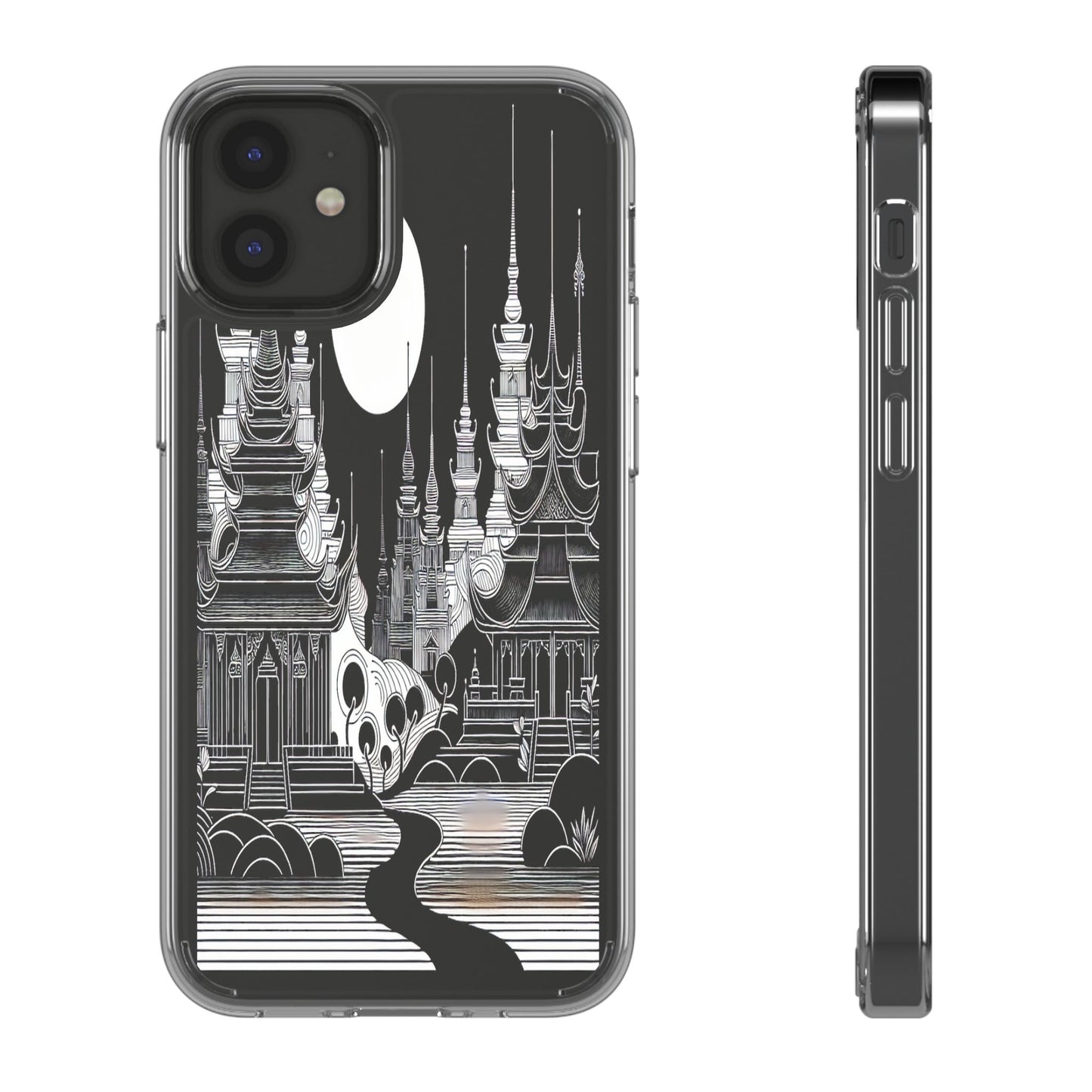 Transparent Temple Silhouette Under Bright Moon Iphone Case Compatible With Iphone 16 15 14 - Clear Phone Cover