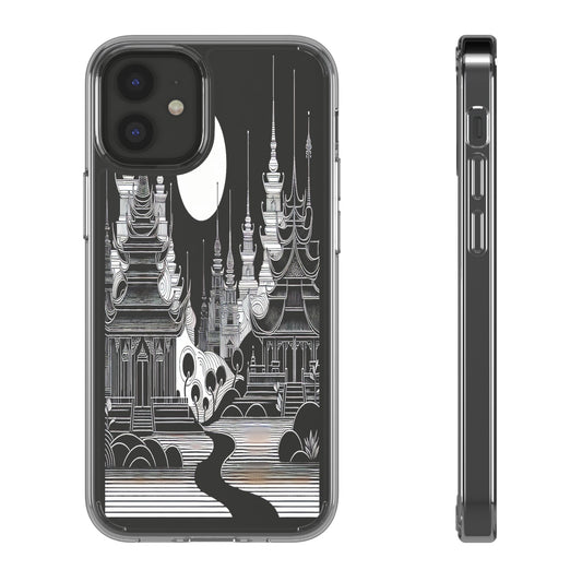 Transparent Temple Silhouette Under Bright Moon Iphone Case Compatible With Iphone 16 15 14 - Clear Phone Cover