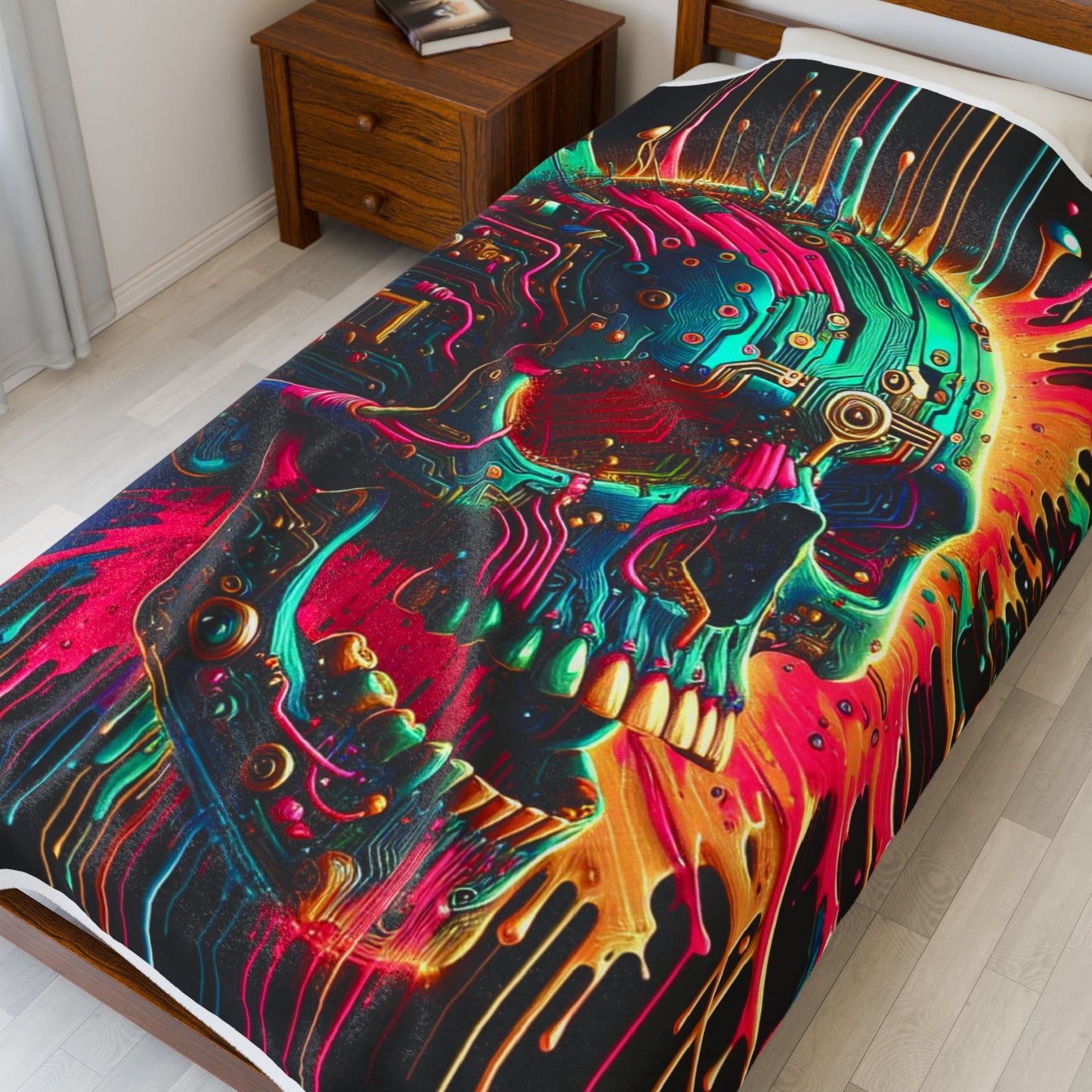 Neon Circuit Skull - Plush Blanket