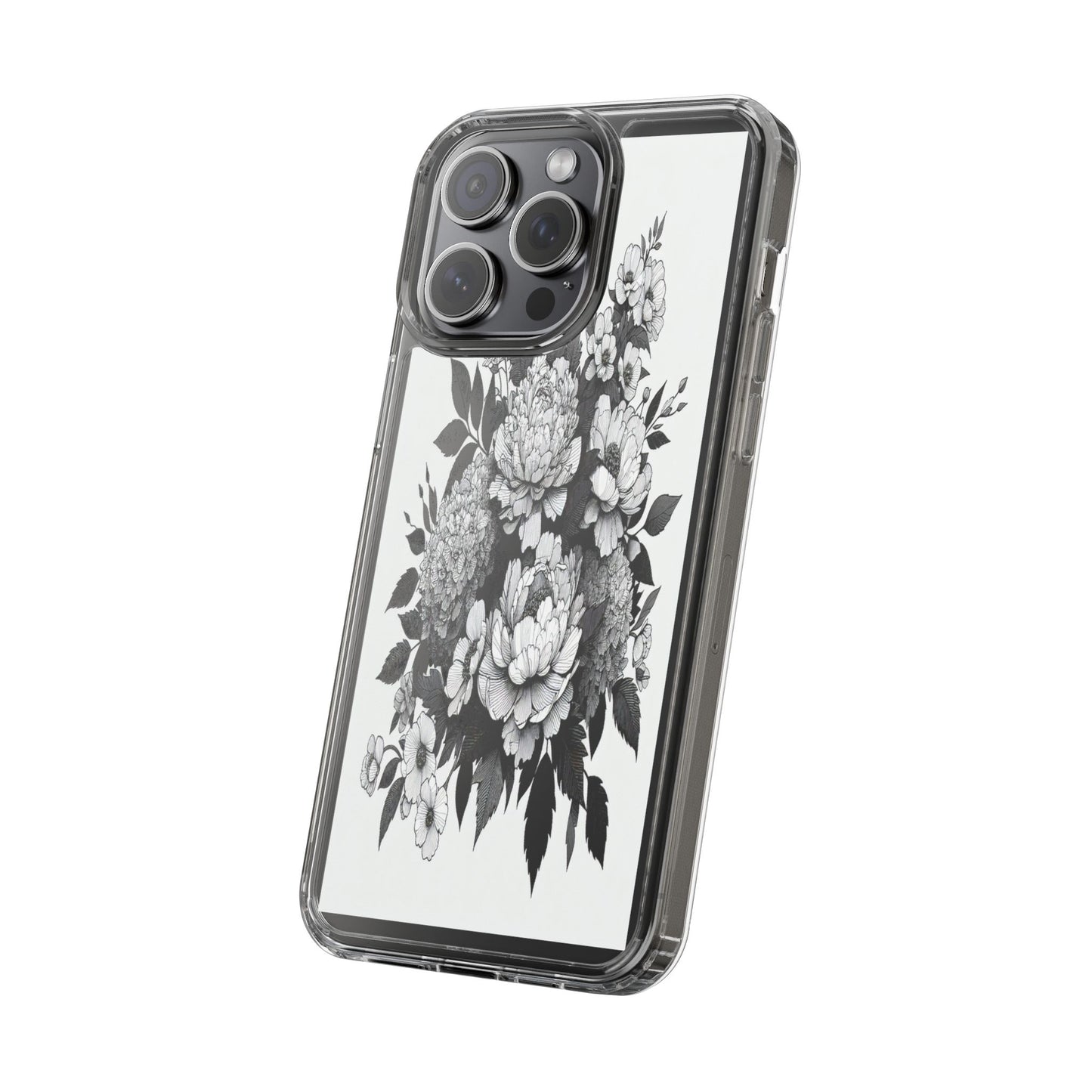 Transparent Floral Arrangement in Black and White Iphone Case Compatible With Iphone 16 15 14 - Clear Phone Cover