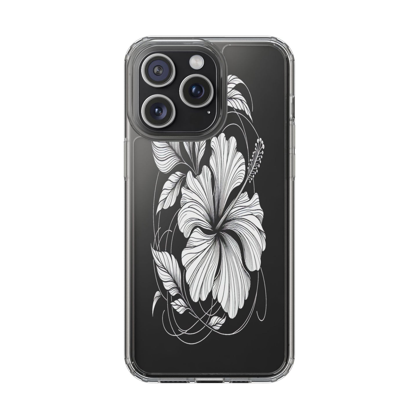 Transparent Hibiscus Design in Black and White Iphone Case Compatible With Iphone 16 15 14 - Clear Phone Cover