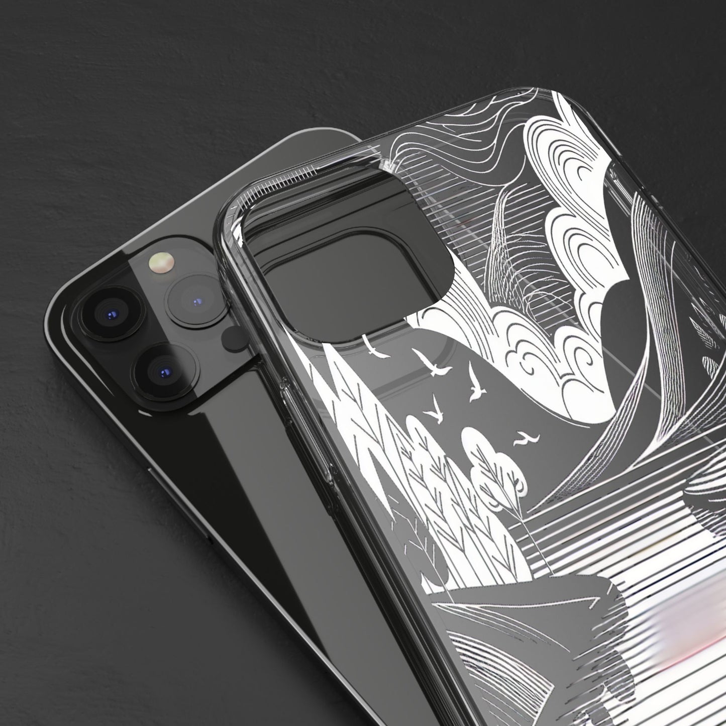 Transparent Black and White Landscape Illustration Iphone Case Compatible With Iphone 16 15 14 - Clear Phone Cover