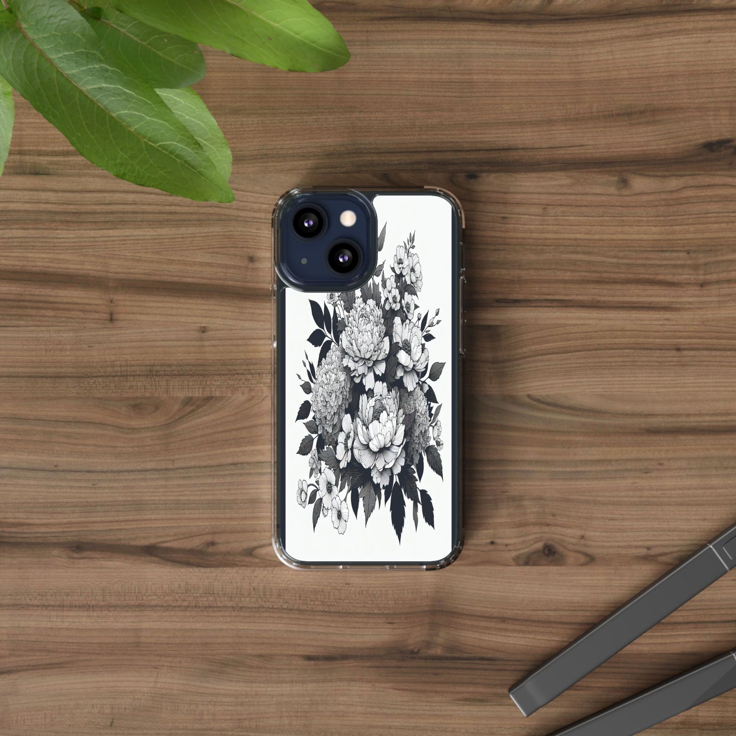 Transparent Floral Arrangement in Black and White Iphone Case Compatible With Iphone 16 15 14 - Clear Phone Cover