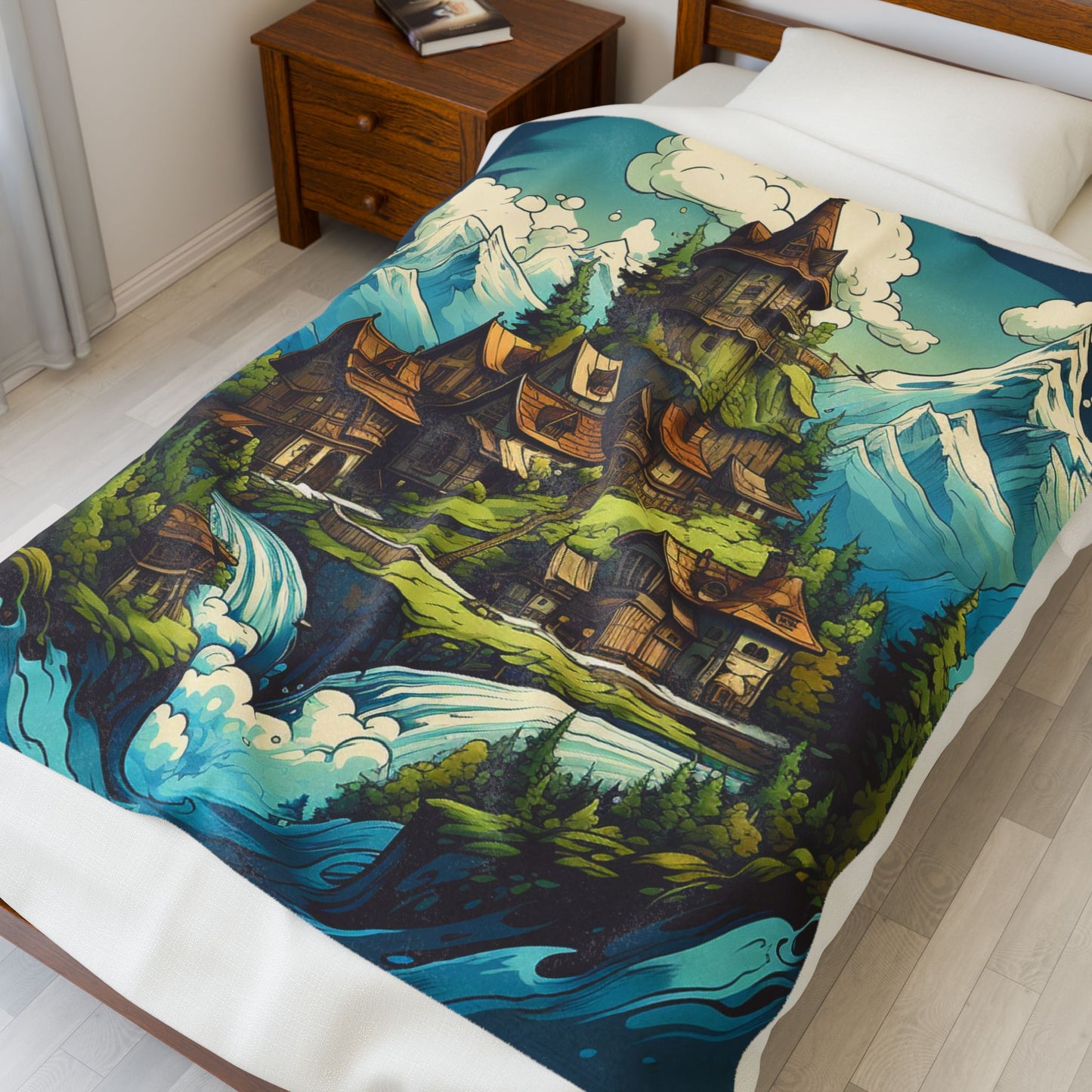 Enchanted Mountain Village Fantasy- Plush Blanket