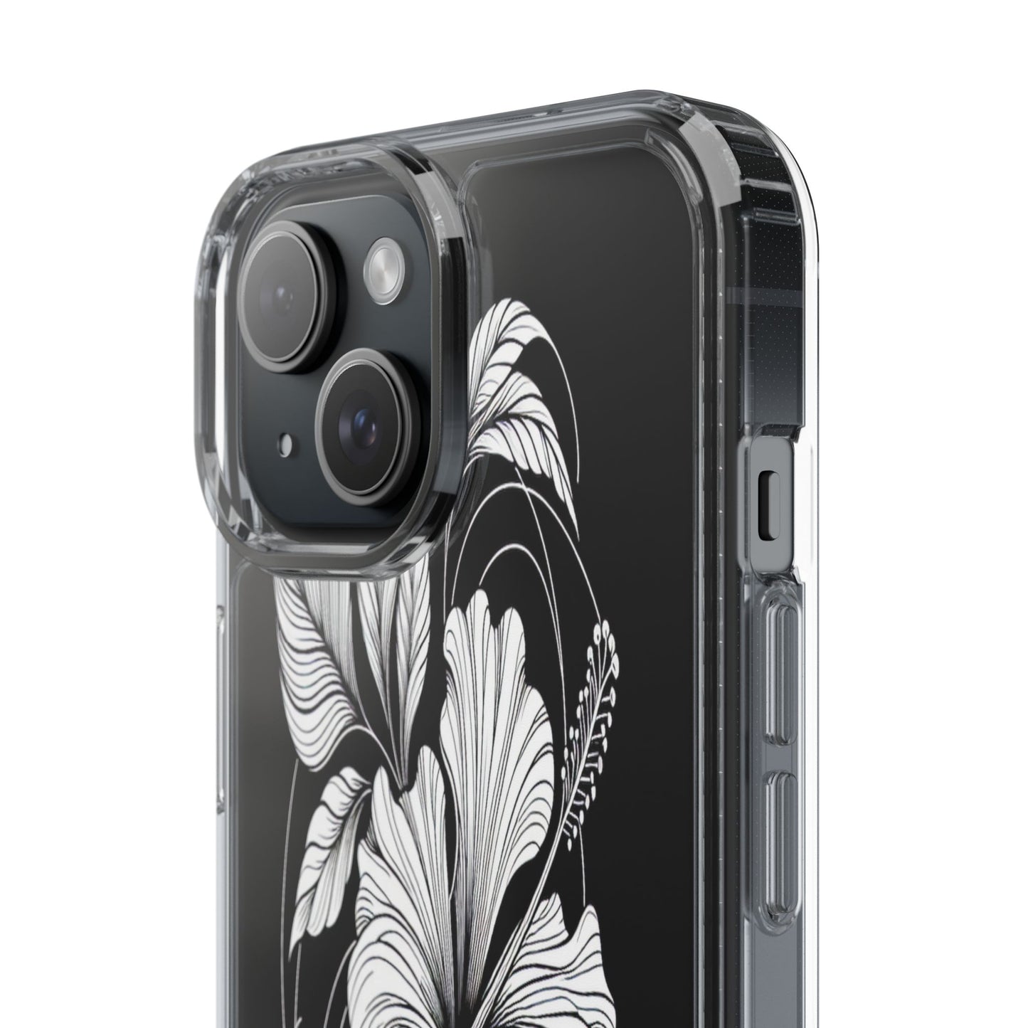 Transparent Hibiscus Design in Black and White Iphone Case Compatible With Iphone 16 15 14 - Clear Phone Cover