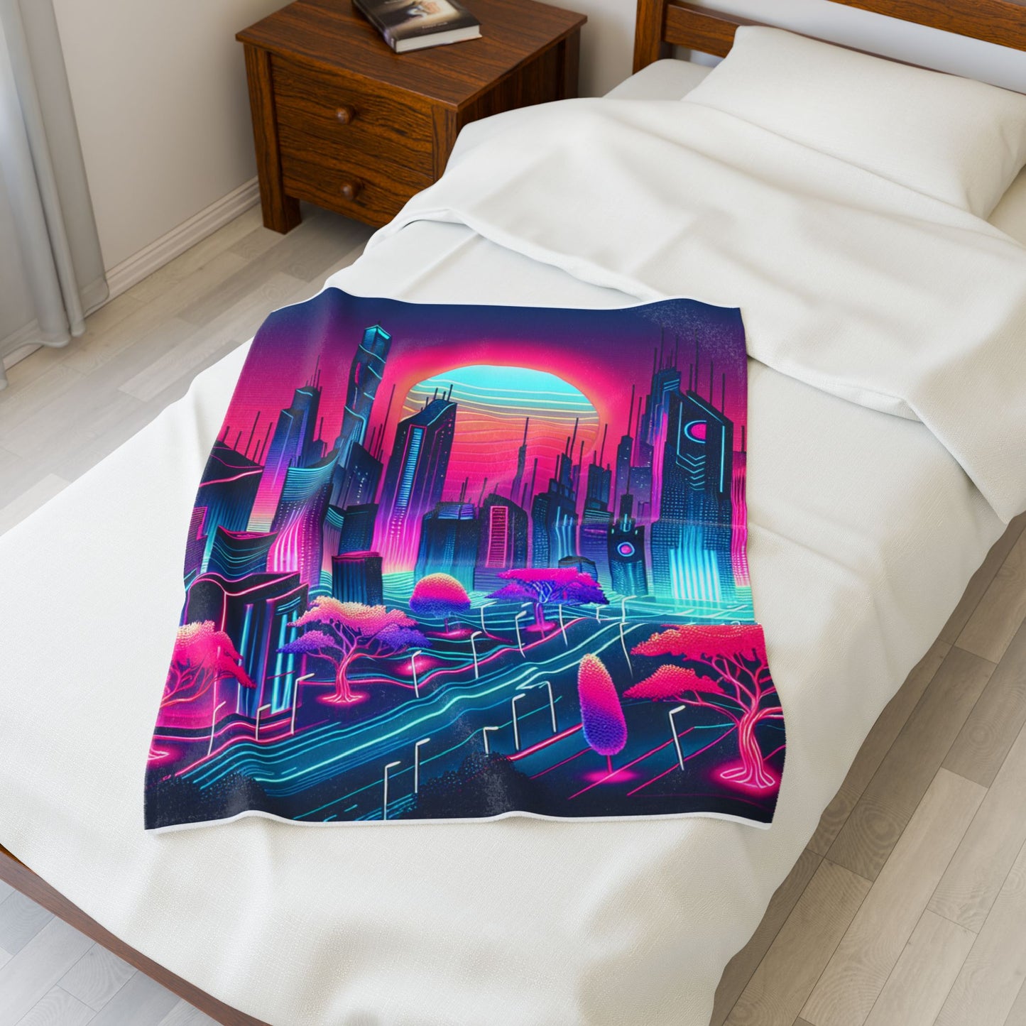 Futuristic Neon Metropolis - Plush Blanket