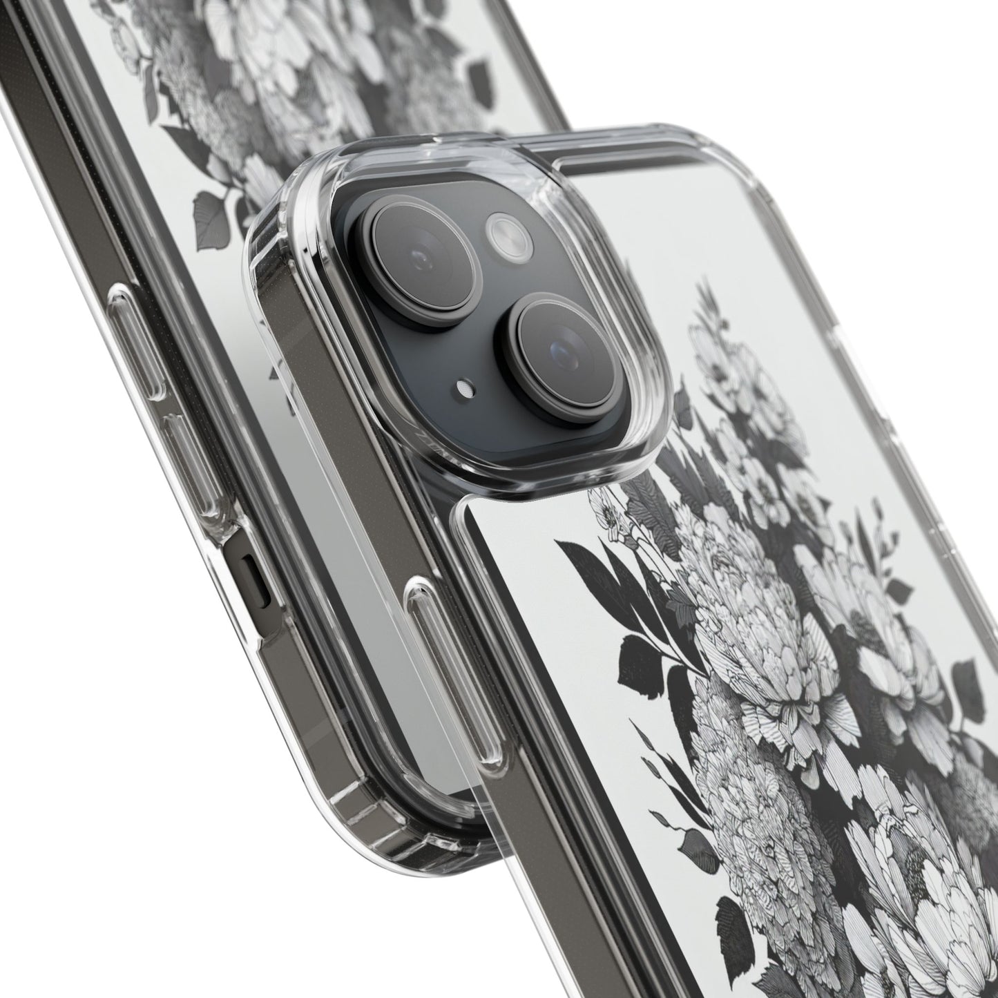 Transparent Floral Arrangement in Black and White Iphone Case Compatible With Iphone 16 15 14 - Clear Phone Cover