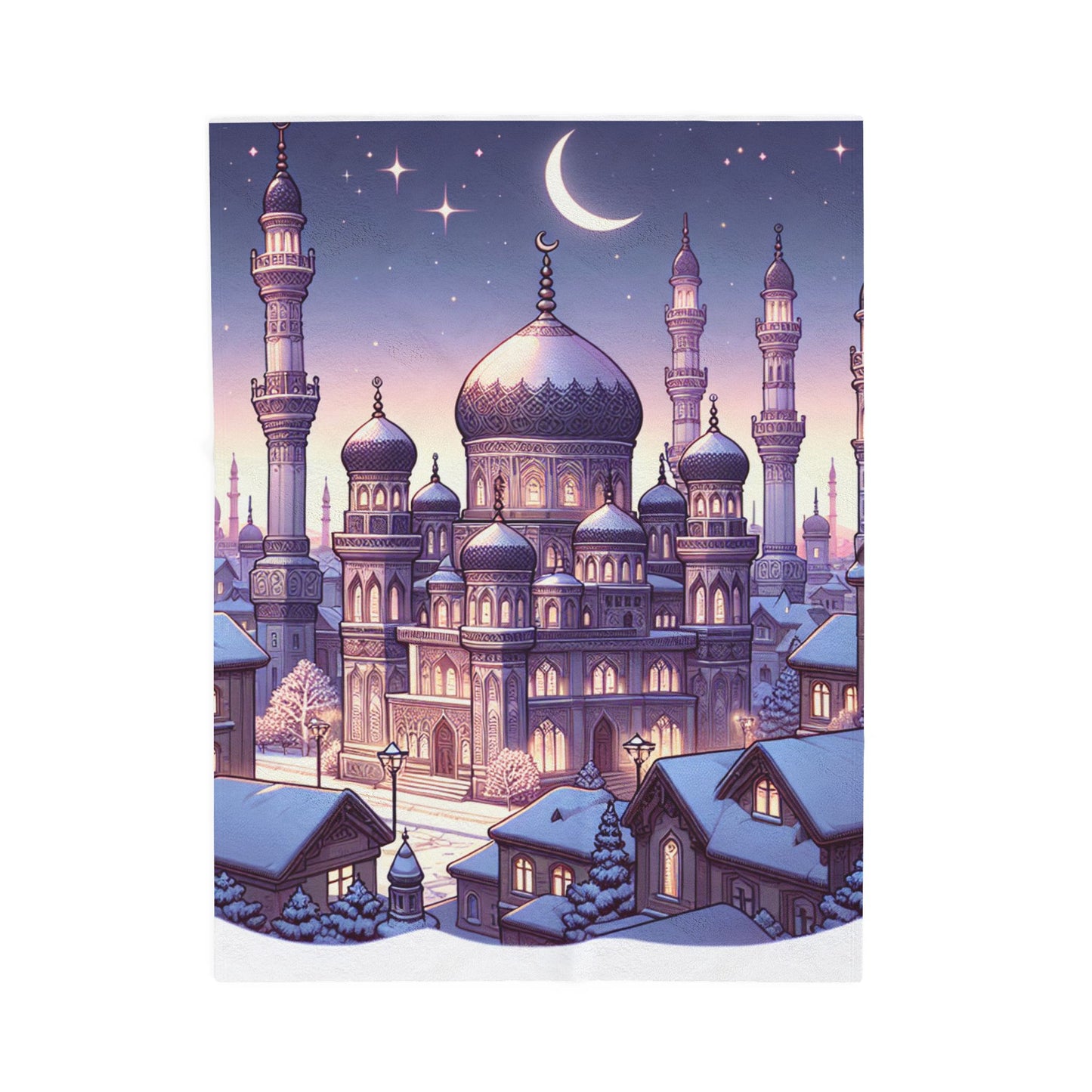 Mystic Evening in a Snow-Clad Town - Plush Blanket
