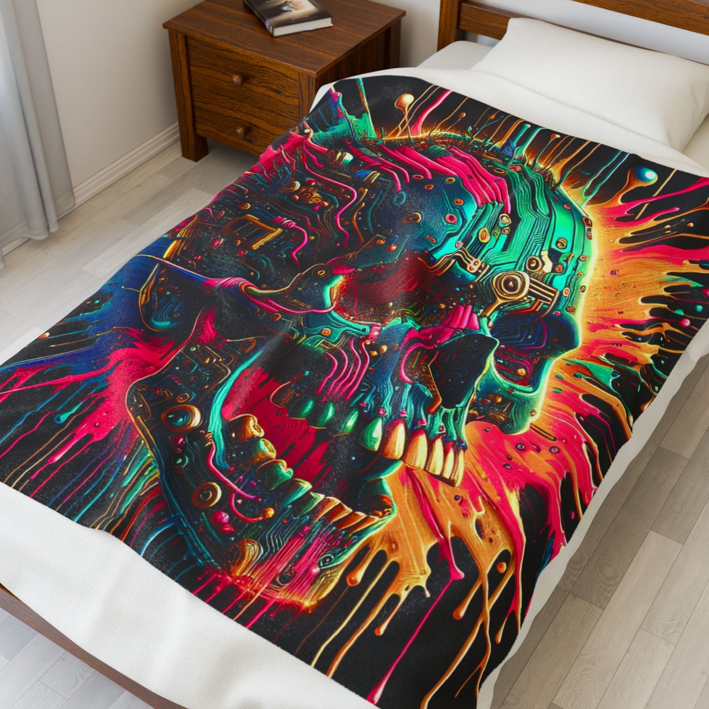 Neon Circuit Skull - Plush Blanket