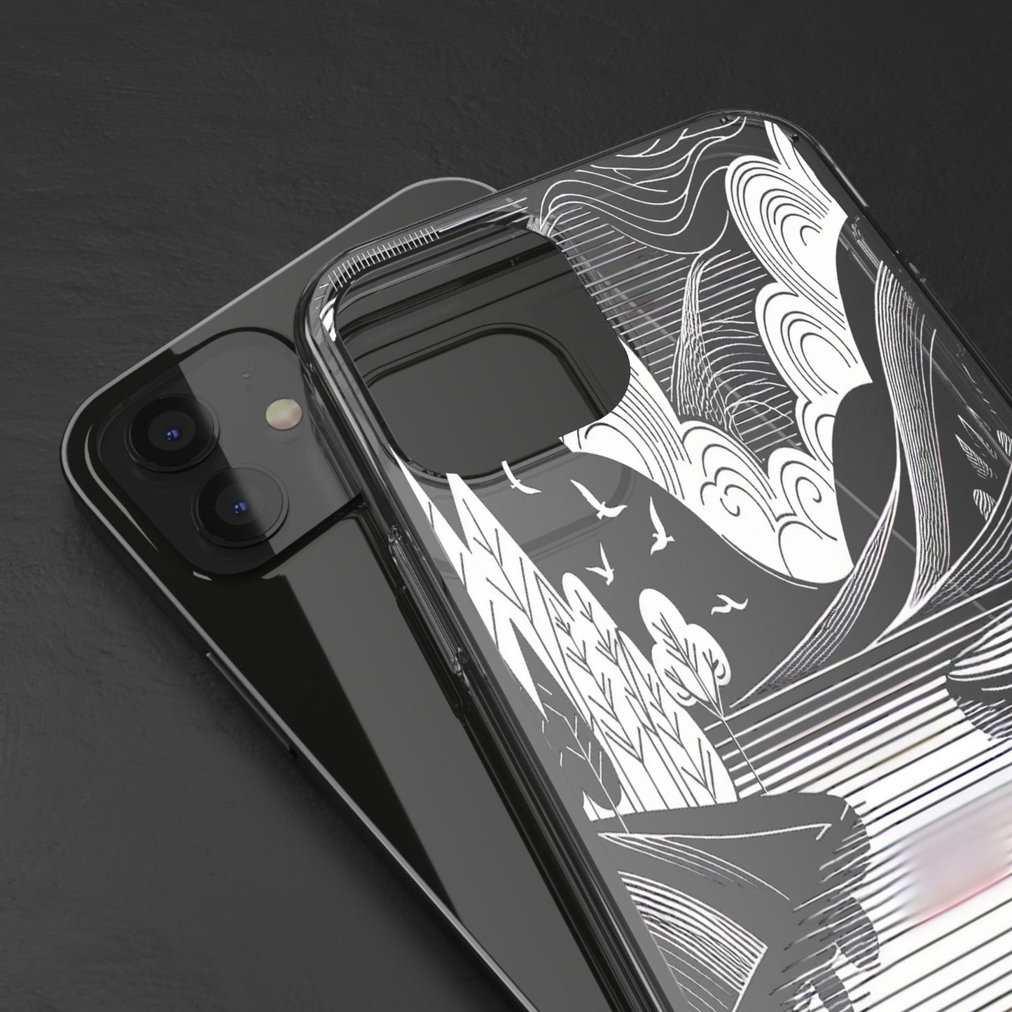 Transparent Black and White Landscape Illustration Iphone Case Compatible With Iphone 16 15 14 - Clear Phone Cover