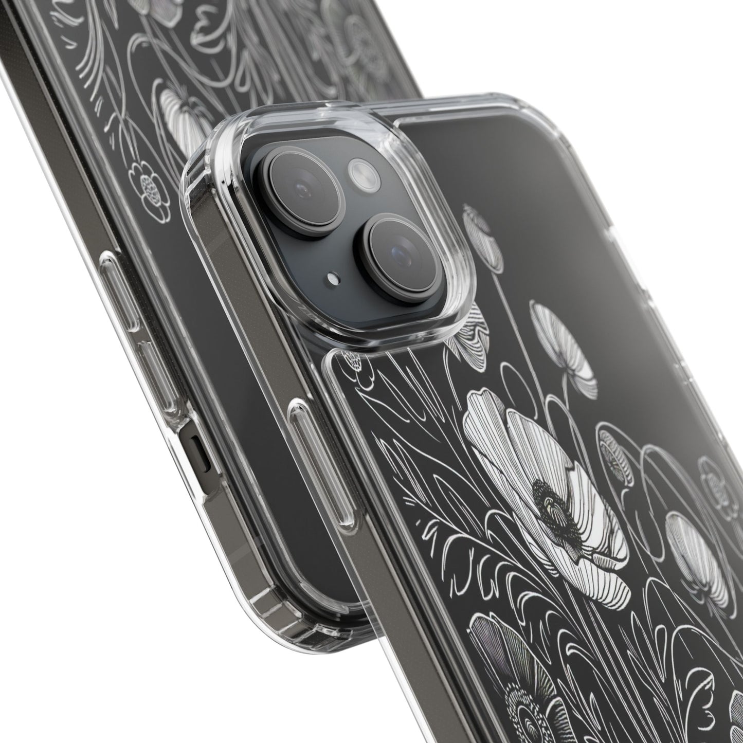 Transparent Black and White Floral Design Iphone Case Compatible With Iphone 16 15 14 - Clear Phone Cover