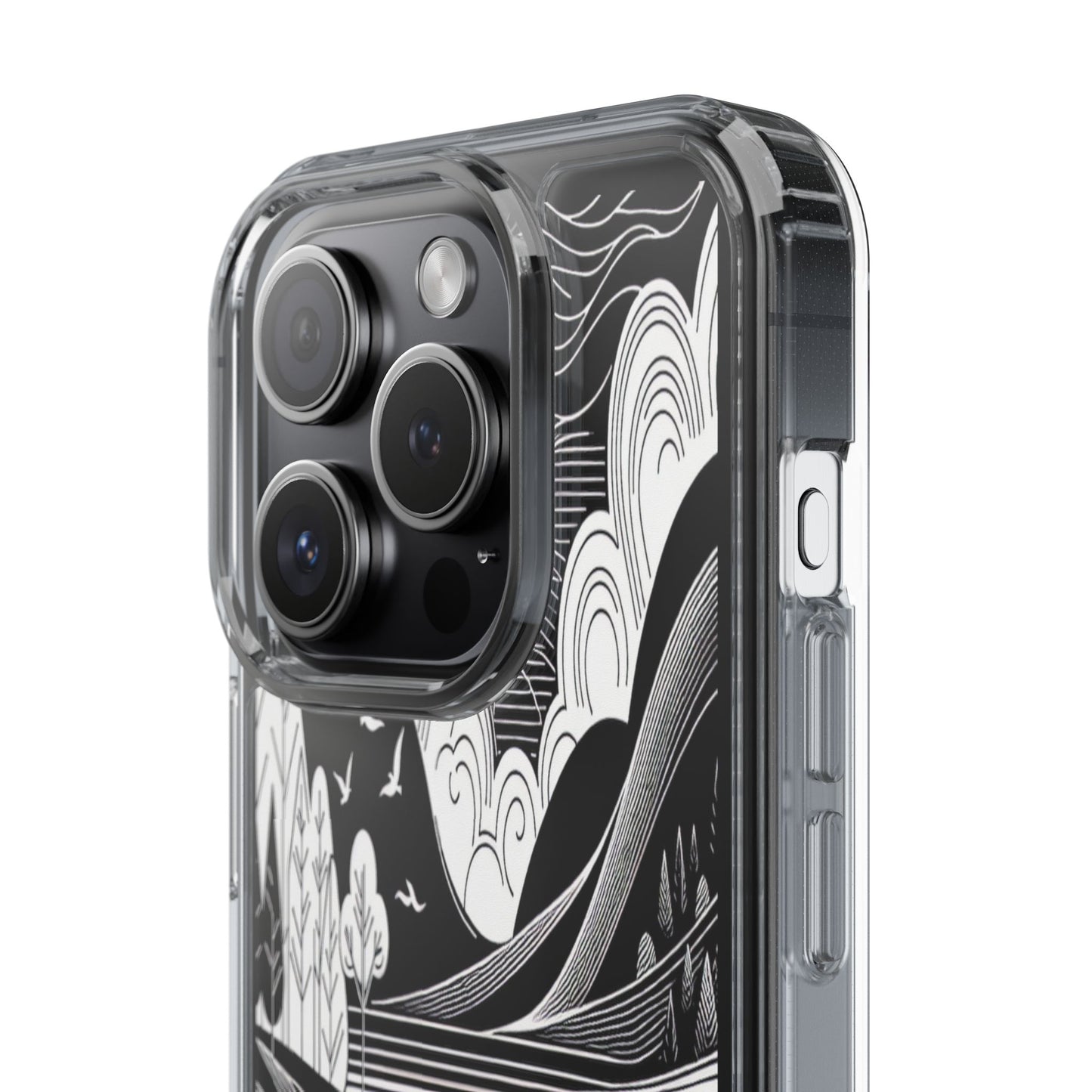 Transparent Black and White Landscape Illustration Iphone Case Compatible With Iphone 16 15 14 - Clear Phone Cover