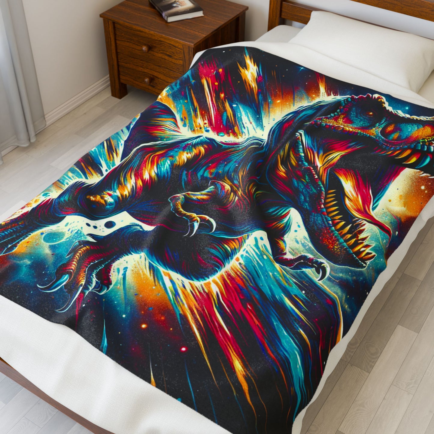 Dinosaur in Cosmic Explosion - Plush Blanket