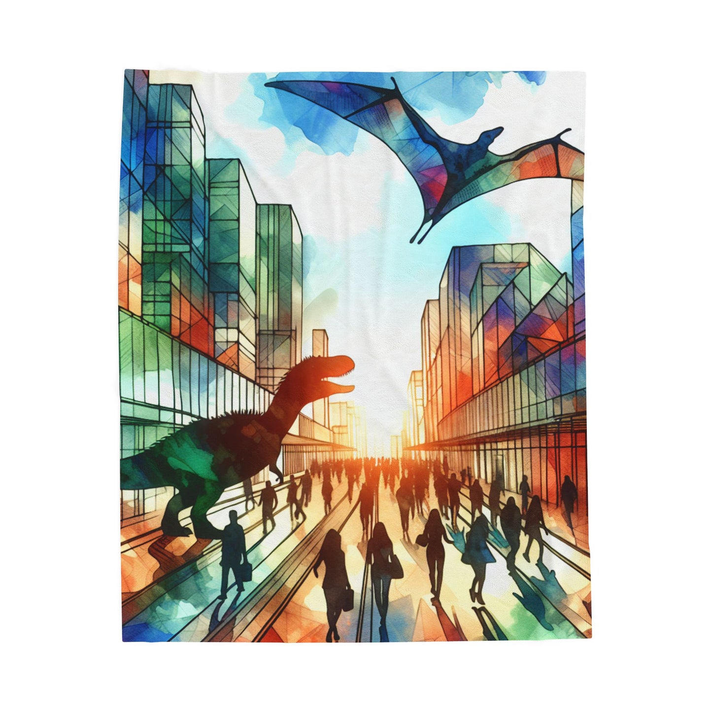 Dinosaurs Roam the Modern Streets - Plush Blanket