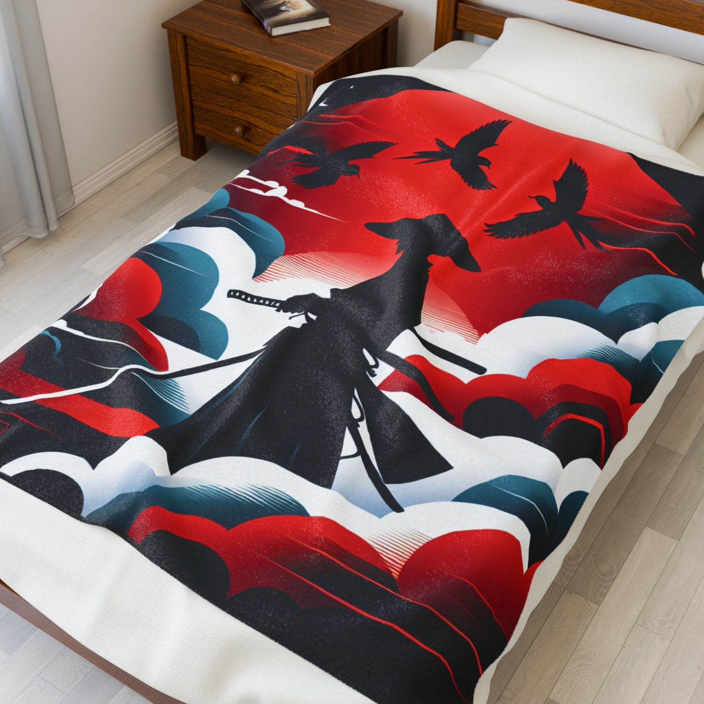 Samurai Under the Red Moon - Plush Blanket