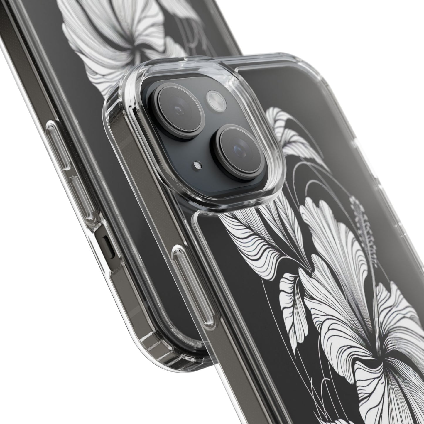 Transparent Hibiscus Design in Black and White Iphone Case Compatible With Iphone 16 15 14 - Clear Phone Cover